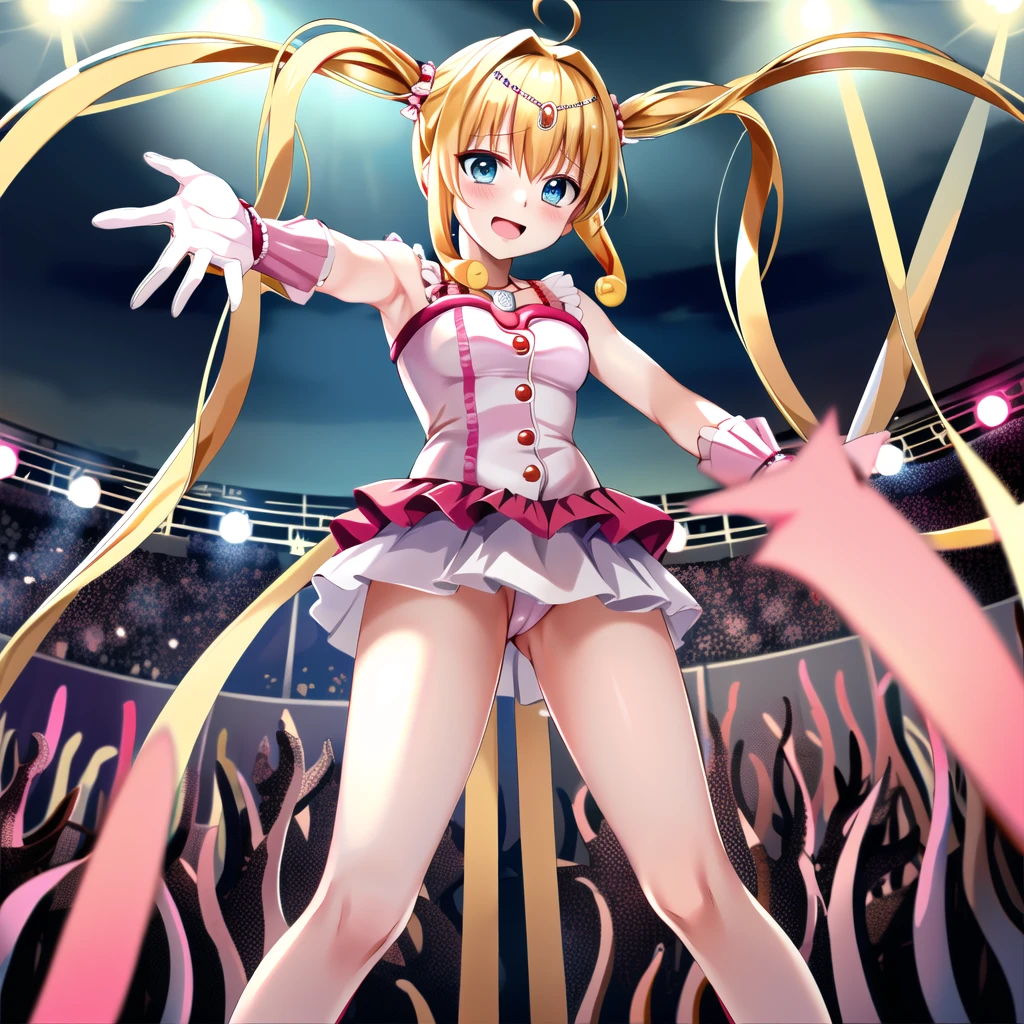 masterpiece, highest quality, High resolution, Hmm., Twin tails, tiara, blue eyes, Long Hair, Ahoge, hair ornaments, Idol, dress, gloves, Are standing, Cowboy Shot, smile, Holding a microphone, Open your mouth, stage, Reaching out,R18,Tentacles,Tentacles拘束,Tentacles挿入,Naughty attack,Ecstasy,Costume damage,Naughty expression,View from below,Heroine in Trouble,Energy Drain,Untransform,