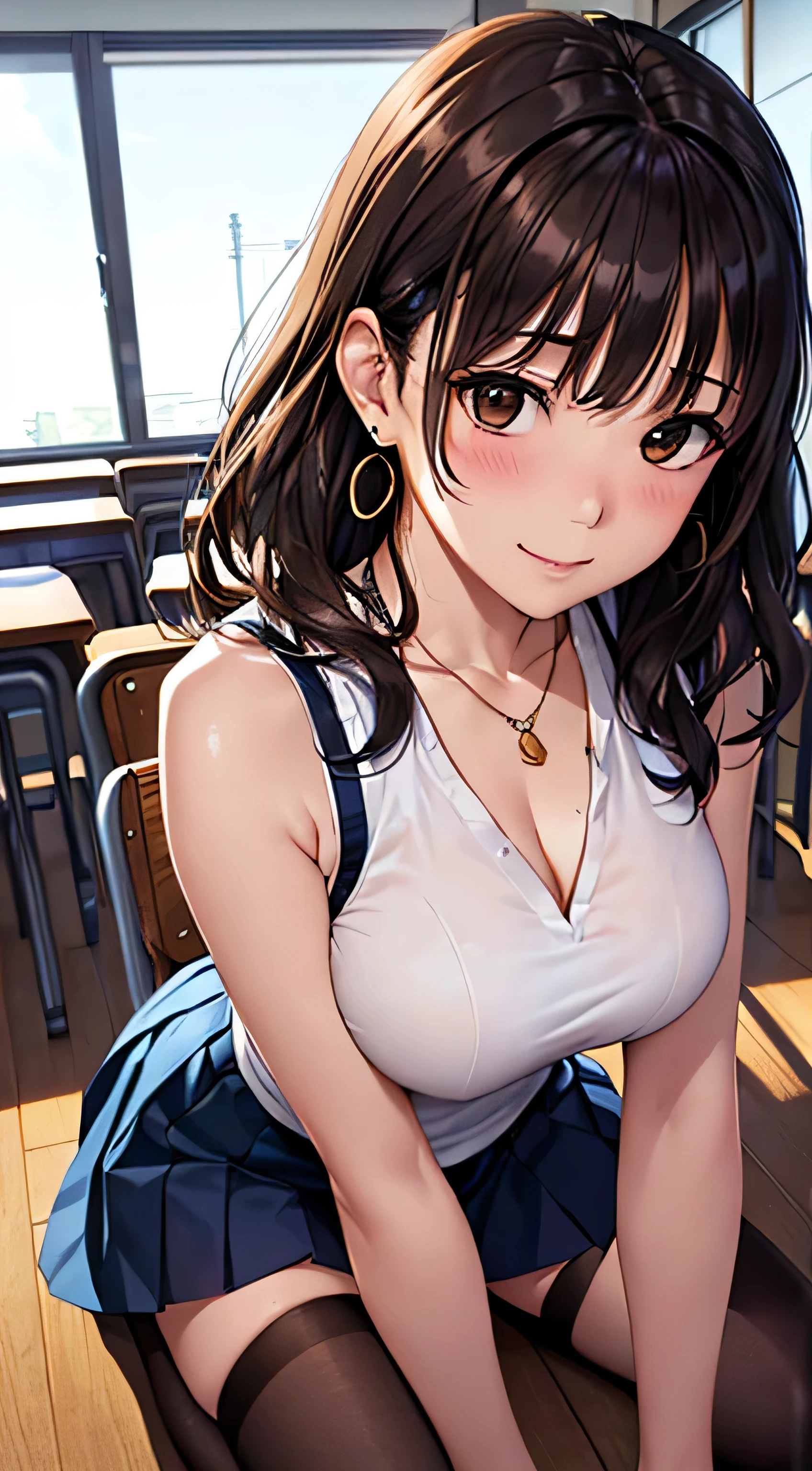 (Tabletop, highest quality, High resolution, , Perfect Pixel, 4K,), 1 girl, single, alone, Beautiful woman、I could see the whole body、 ((Wavy mid-length hair, bangs, Brown Hair)), ((Brown eyes, Beautiful eyelashes, Realistic eyes)), ((Detailed face, blush:1.2)), ((Smooth texture:0.75, Realistic texture:0.65, Realistic:1.1, Anime CG Style)), Medium Chest, Dynamic Angle, Perfect body, female teacher、((, White sleeveless top、Dark Blue Long Pleated Skirt、Black Stockings、Cute Necklace、Earrings、)), look up、A shy smile、Accentuate your breasts、Put your hands behind your back and stick out your chest、)、Angle from below、classroom、Sitting on the floor、、