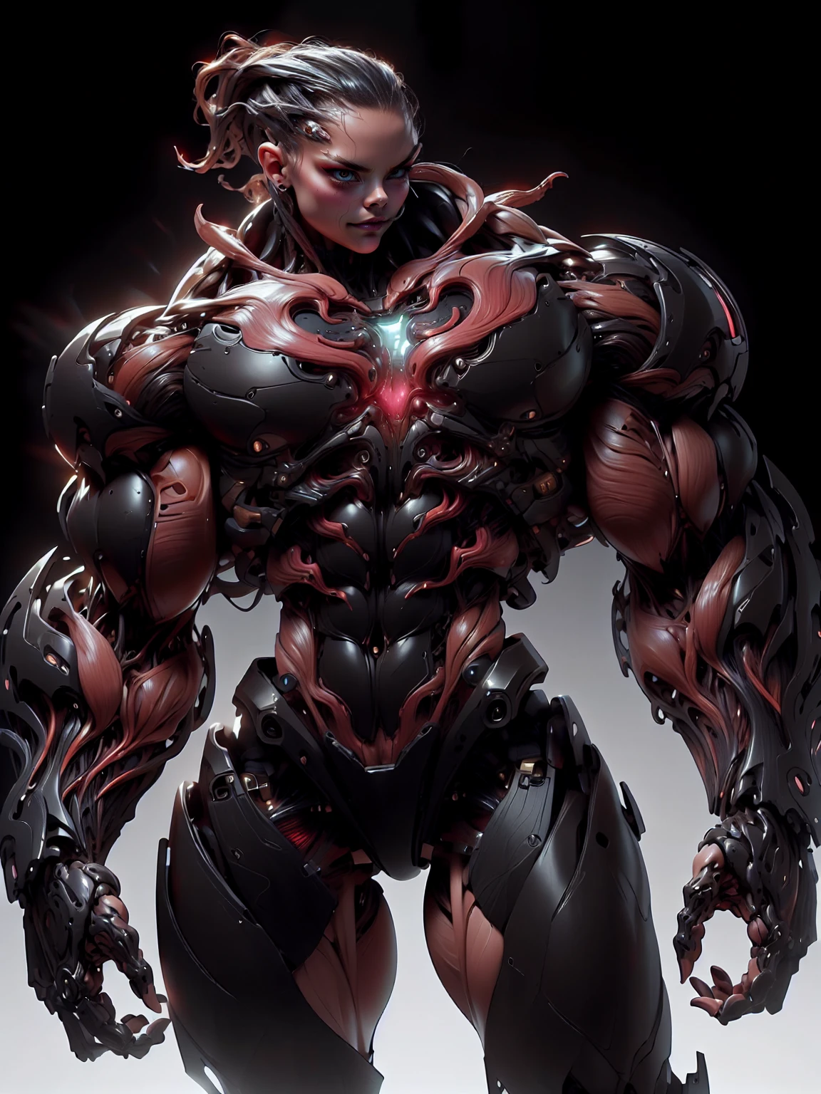 (1 girl), (cara delevingne), (muscular android girl wearing a black anatomic cybernetic muscle suit:1.25), (wide shoulders:1.25), (muscular defined physique:1.25), perfect hands, long hair, large breasts, high resolution image, extreme detail, blank background