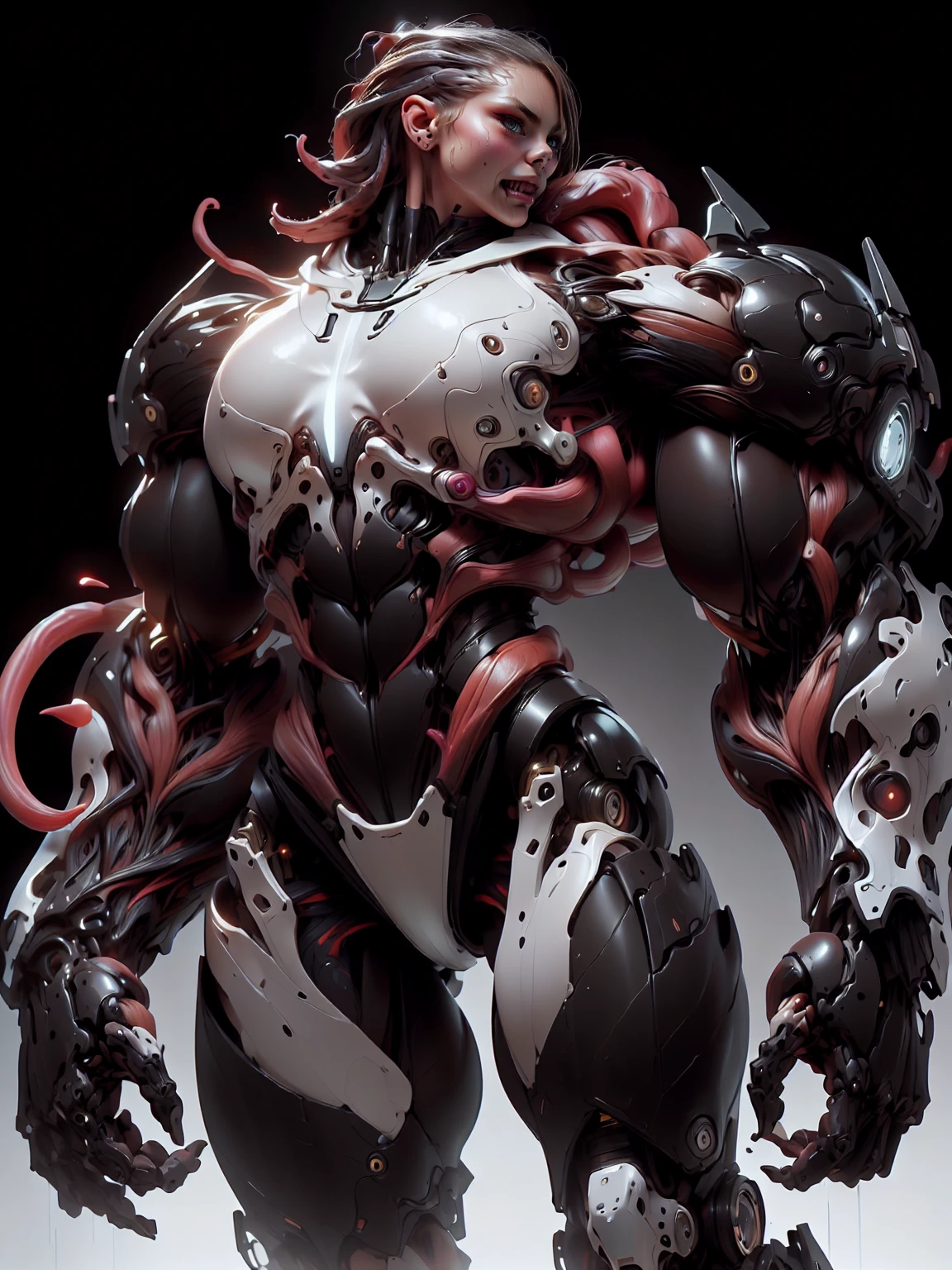 (1 girl), (cara delevingne), (muscular android girl wearing a black anatomic cybernetic muscle suit:1.25), (wide shoulders:1.25), (muscular defined physique:1.25), perfect hands, long hair, large breasts, high resolution image, extreme detail, blank background