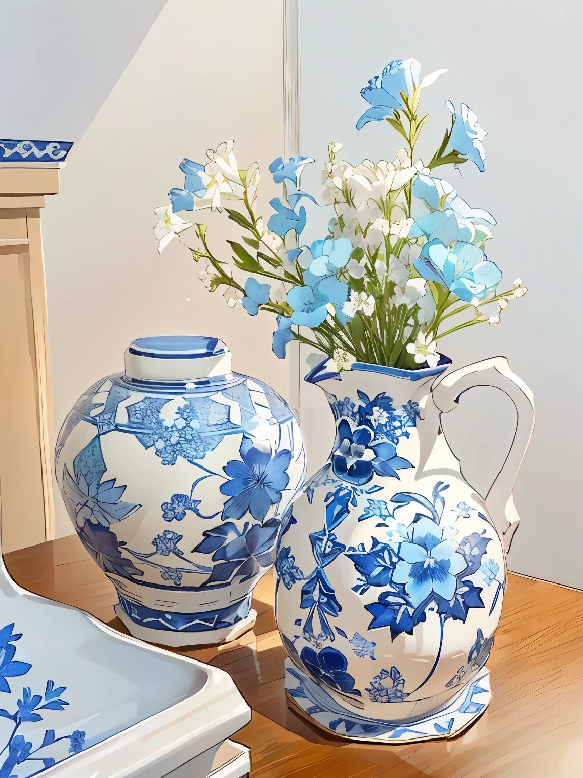 Blue and white porcelain，The bottle has a simple floral pattern