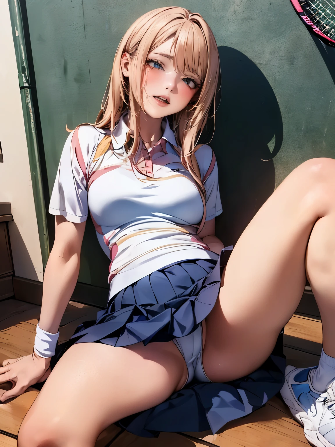 (depicting a single moment from anime for adults), ((pleated skirt, round face, eyes with realistic sizing, drooping eyes, blush, shame smile, spread legs slightly)), (((hit her crotch on the corner of the tennis racket for self pleasure, ecstasy))),