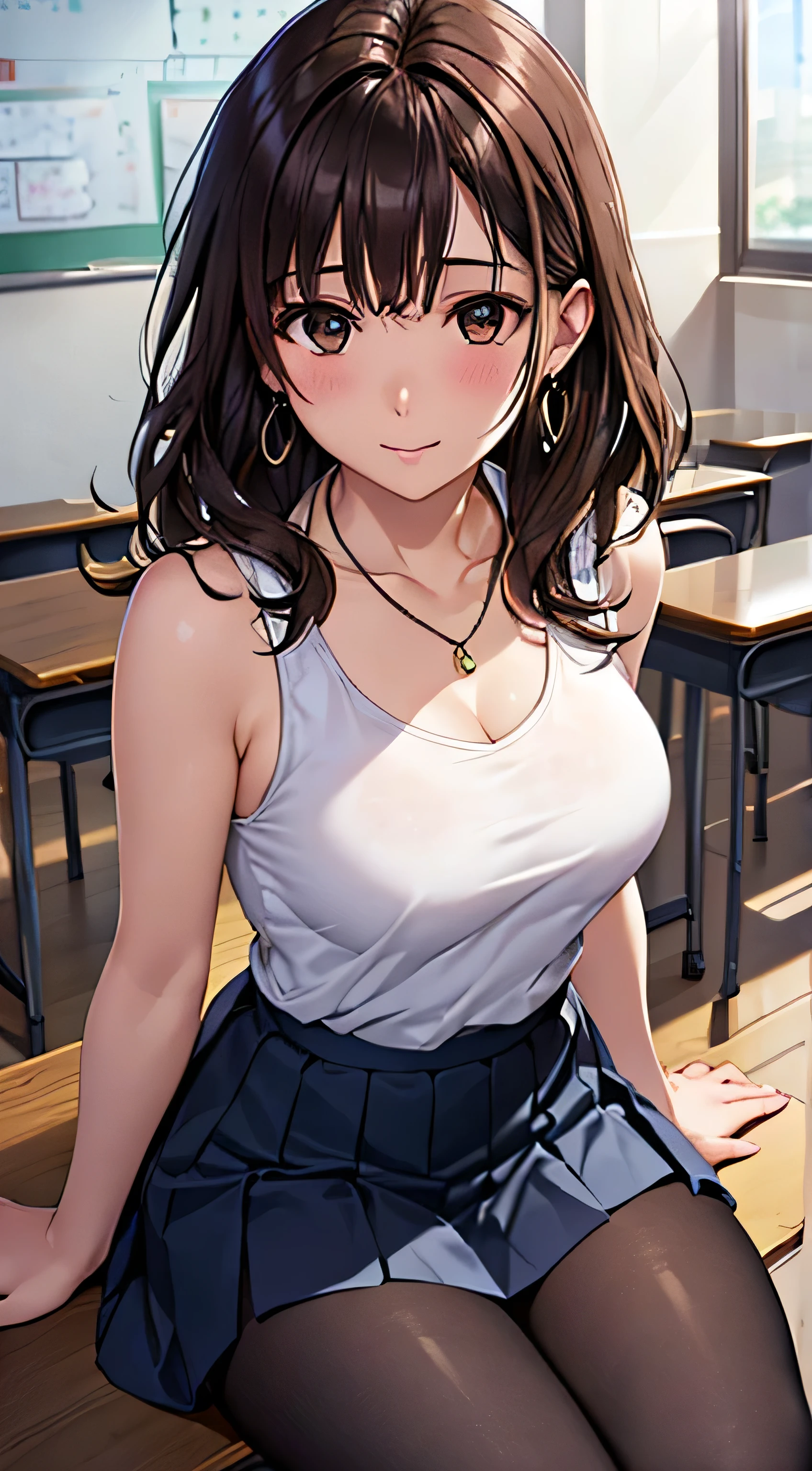 (Tabletop, highest quality, High resolution, , Perfect Pixel, 4K,), 1 girl, single, alone, Beautiful woman、I could see the whole body、 ((Wavy mid-length hair, bangs, Brown Hair)), ((Brown eyes, Beautiful eyelashes, Realistic eyes)), ((Detailed face, blush:1.2)), ((Smooth texture:0.75, Realistic texture:0.65, Realistic:1.1, Anime CG Style)), Medium Chest, Dynamic Angle, Perfect body, female teacher、((, White sleeveless top、Dark Blue Long Pleated Skirt、Black Stockings、Cute Necklace、Earrings、)), look up、A shy smile、Accentuate your breasts、Put your hands behind your back and stick out your chest、)、Angle from below、classroom、Sitting on the floor、、