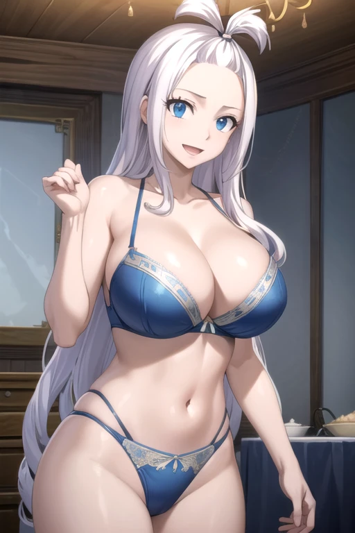 permanent, Smile, open mouth, Miradive, 1 Girl, white hair, blue eyes, masterpiece, absurd , (Intricate details), (rich and colorful),Movie Lighting,Half-length photo,Extremely detailed CG Unity 8K wallpaper, blue bra, blue underwear, blue lingerie, blue swimsuit