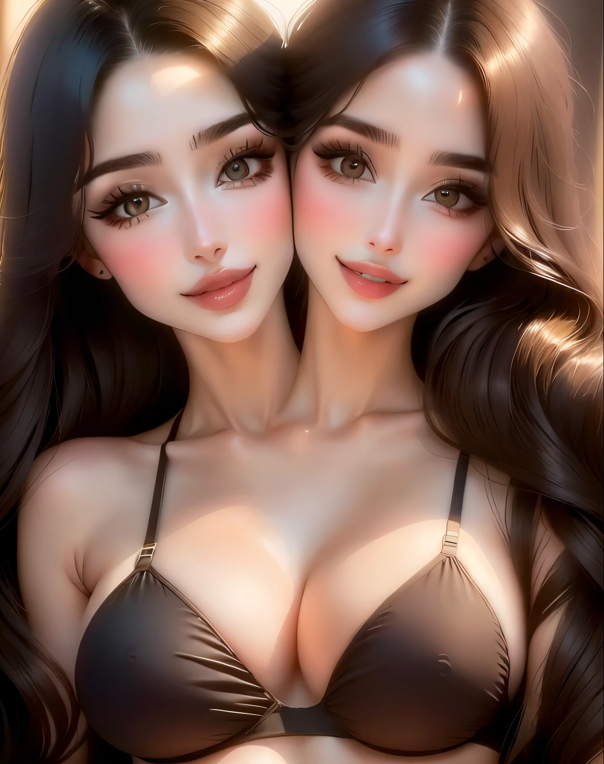 bestresolution, (2heads:1.3), young woman, arafed woman with a very large breast and a woman with a very small breast, by Hedi Xandt, beautiful highly symmetric faces, posing together in bra, inspired by Hedi Xandt, beautiful gemini twins portrait, olivia culpo, alena aenami and lilia alvarado, gorgeous faces, sarah shahi, woman holding another woman