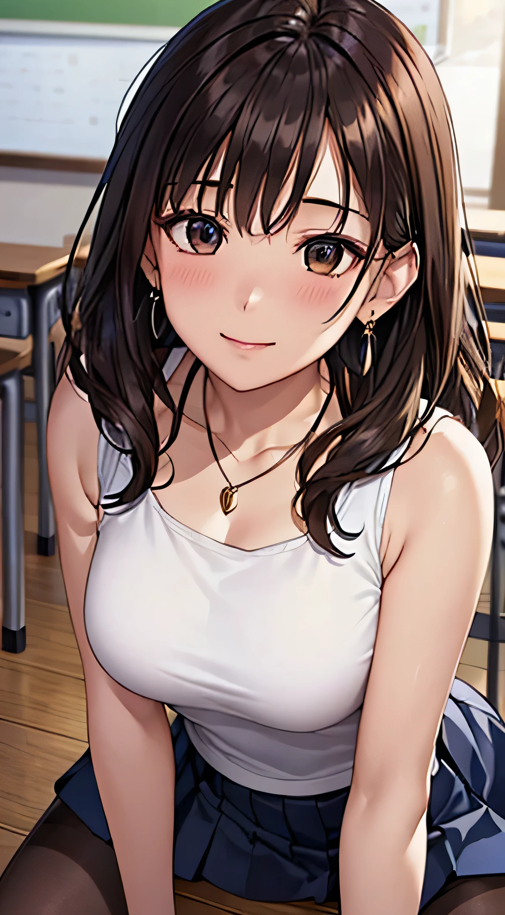 (Tabletop, highest quality, High resolution, , Perfect Pixel, 4K,), 1 girl, single, alone, Beautiful woman、I could see the whole body、 ((Wavy mid-length hair, bangs, Brown Hair)), ((Brown eyes, Beautiful eyelashes, Realistic eyes)), ((Detailed face, blush:1.2)), ((Smooth texture:0.75, Realistic texture:0.65, Realistic:1.1, Anime CG Style)), Medium Chest, Dynamic Angle, Perfect body, female teacher、((, White sleeveless top、Dark Blue Long Pleated Skirt、Black Stockings、Cute Necklace、Earrings、)), look up、A shy smile、Accentuate your breasts、Put your hands behind your back and stick out your chest、)、Angle from below、classroom、Sitting on the floor、、