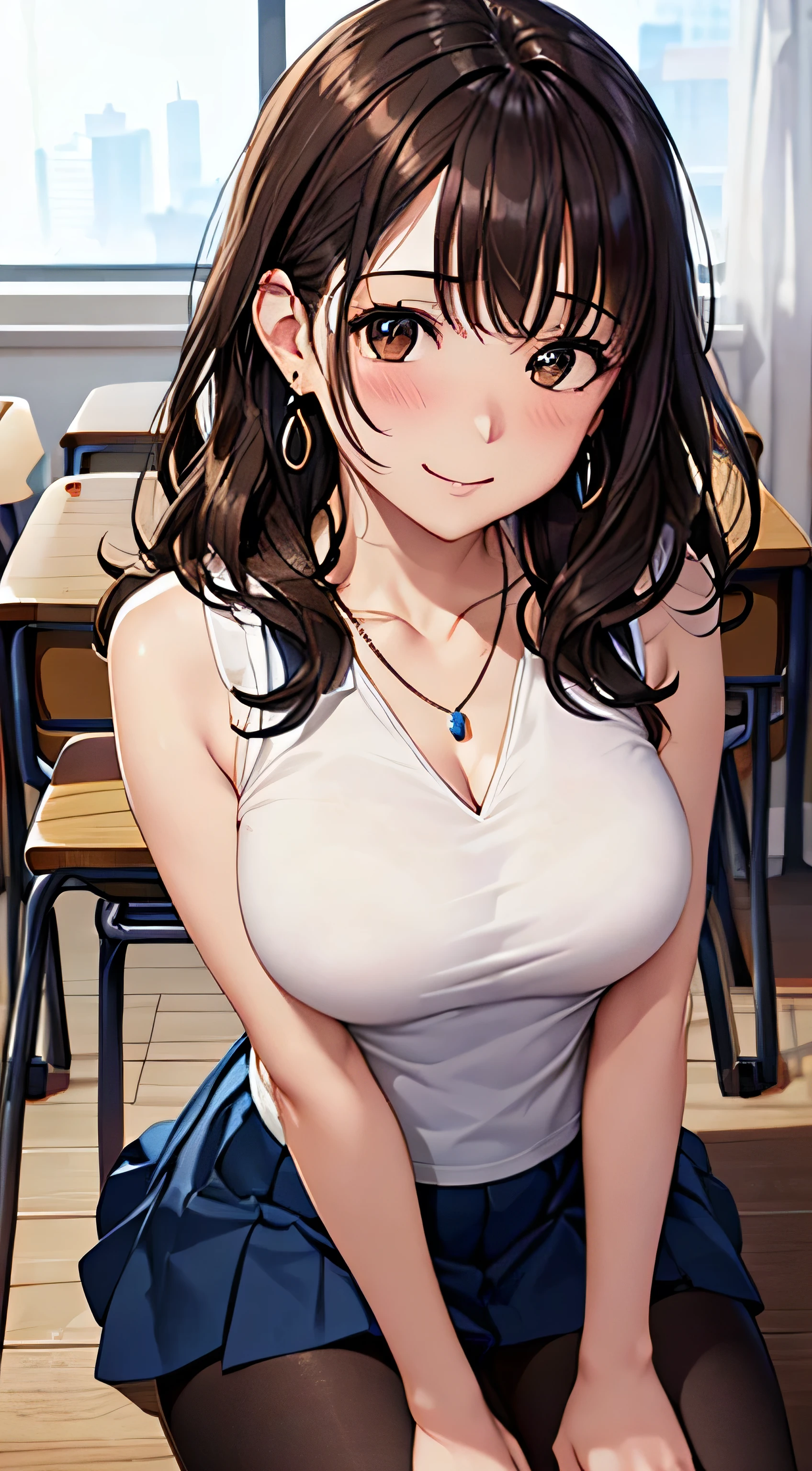 (Tabletop, highest quality, High resolution, , Perfect Pixel, 4K,), 1 girl, single, alone, Beautiful woman、I could see the whole body、 ((Wavy mid-length hair, bangs, Brown Hair)), ((Brown eyes, Beautiful eyelashes, Realistic eyes)), ((Detailed face, blush:1.2)), ((Smooth texture:0.75, Realistic texture:0.65, Realistic:1.1, Anime CG Style)), Medium Chest, Dynamic Angle, Perfect body, female teacher、((, White sleeveless top、Dark Blue Long Pleated Skirt、Black Stockings、Cute Necklace、Earrings、)), look up、A shy smile、Accentuate your breasts、Put your hands behind your back and stick out your chest、)、Angle from below、classroom、Sitting on the floor、、