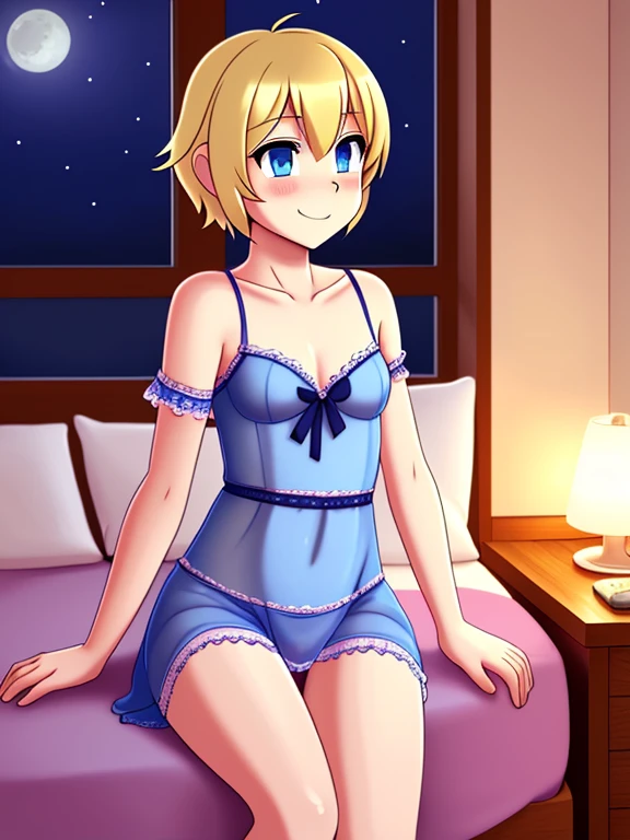 crossdressing, anime, beauty, small breasts, short hair, blonde hair, blue eyes, woman sleepwear, negligee, bedroom, sit, night,
