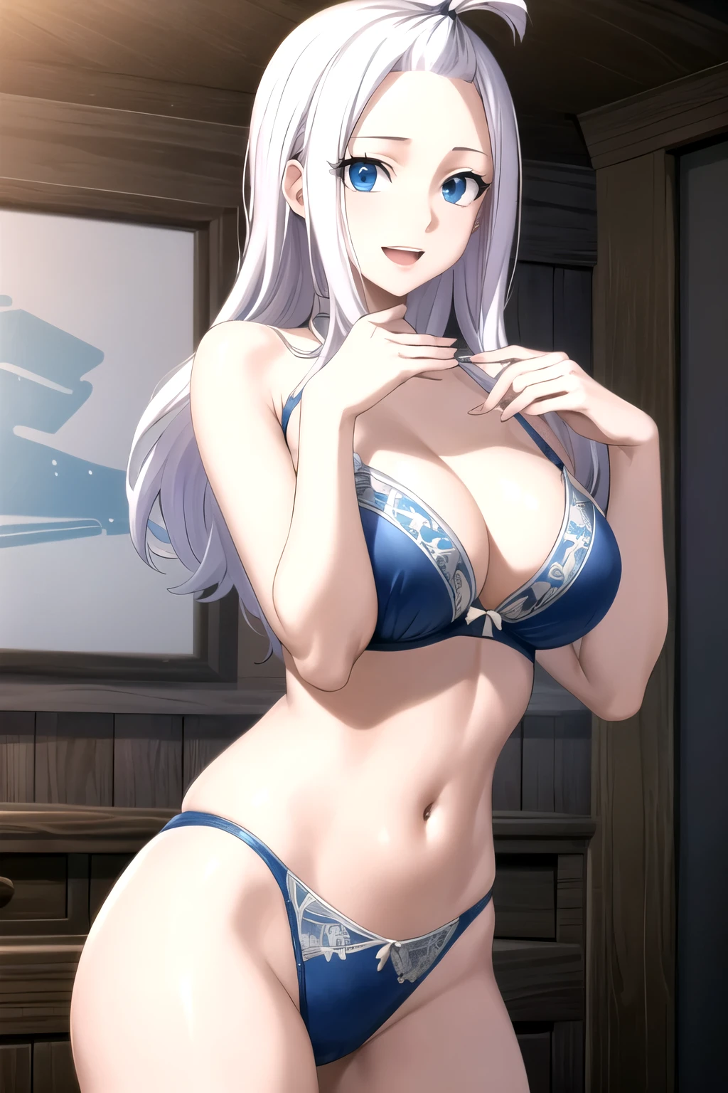 permanent, Smile, open mouth, Miradive, 1 Girl, white hair, blue eyes, masterpiece, absurd , (Intricate details), (rich and colorful),Movie Lighting,Half-length photo,Extremely detailed CG Unity 8K wallpaper, blue bra, blue underwear, blue lingerie, blue swimsuit