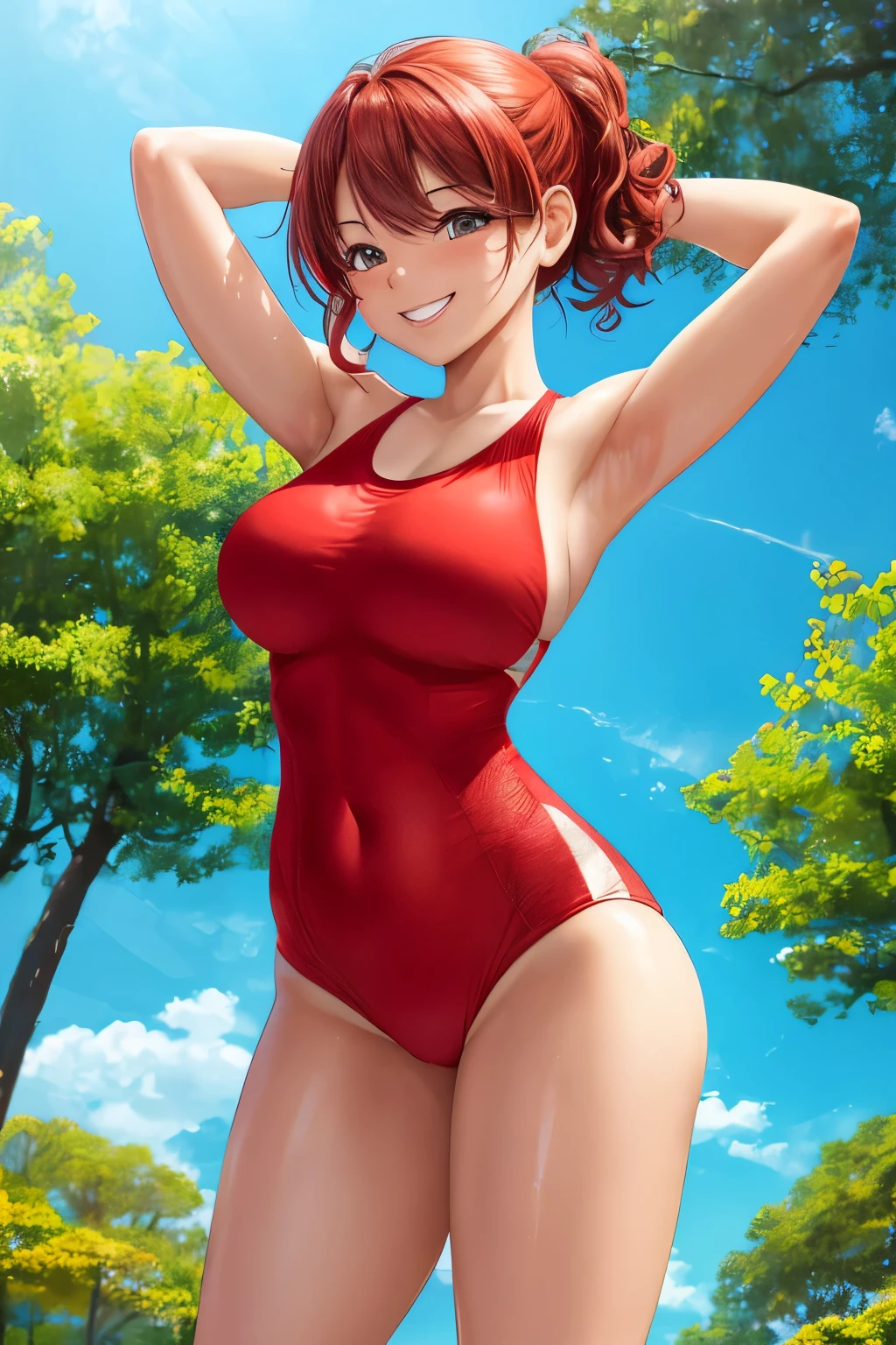 One stunningly beautiful 35-year-old girl, standing in a bright and sunny park, wears a red swimsuit that hugs her curves perfectly. With a grin that plays on her lips, she gives a challenging smile, her eyes sparkling with mischief and excitement. Embarrassment creeps up on her cheeks as she catches the viewer's gaze, blushing slightly, yet maintaining her confident pose. Her arms are up, resting behind her head, while she stands tall, legs slightly apart, soaking in the warmth of the day. The vibrant colors of the park scene are reflected in the high-resolution, top-quality image that exudes ultra-detailed textures