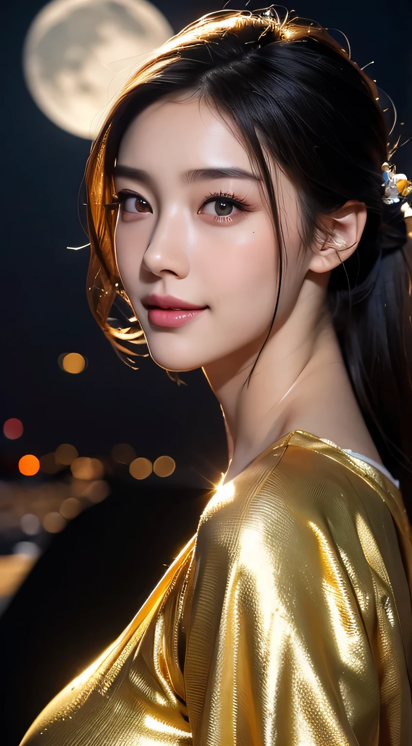 Kimono beauty, body portrait, 8k, thin and beautiful eyes, Dindal effect, masterpiece, top quality, high quality, high resolution, very detailed photo, (natural skin texture, fine skin, hyper realism, super sharpness) , high detail skin, (very fine, fine skin texture, intricate details, beautiful face, (real-like face), realistic eyes, beautifully detailed eyes, realistic skin, beautiful skin, surreal, Highly detailed, golden ratio, smiling eyes, ((night moonlight background)), body portrait, G cup, big breasts, huge breasts, big breasts, glamorous, shiny bodysuit