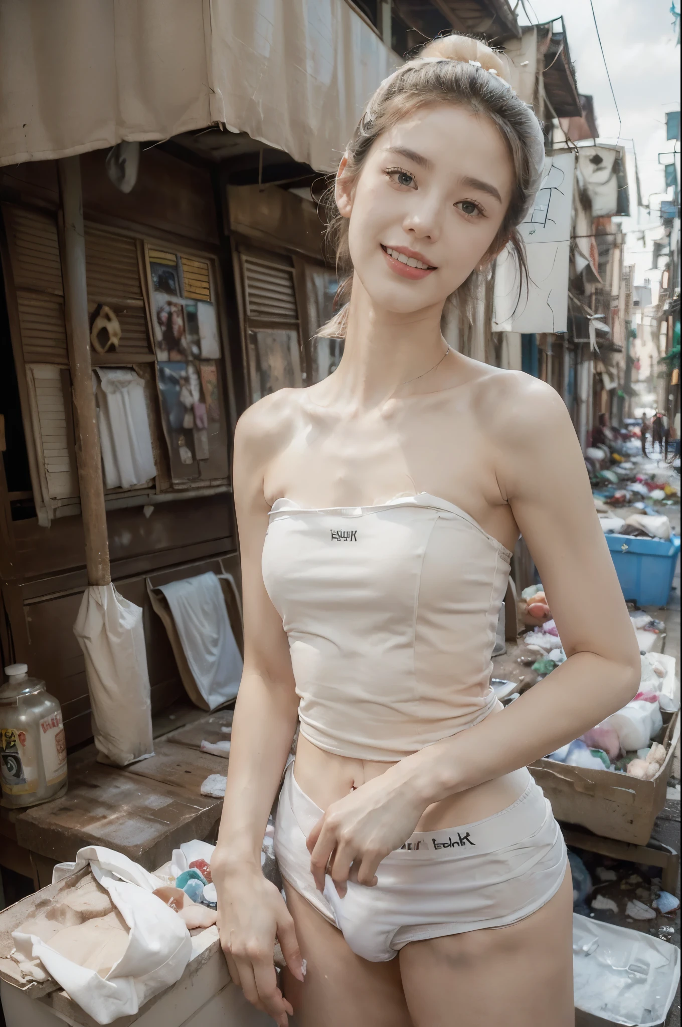 (Extremely meticulous CG),(((8k))),wallpaper,(Portrait above the chest:1.3),((Extremely refined and beautiful)),(((Masterpiece))),(((best qualtiy))),(((Ultra High Resolution))),beautiful light up,realistic shaded,(Smooth and flawless fair skin:1.5),(Extremely exquisite facial details:1.2),(ultra-detailed:1.5),((a beautiful girl,solo)),(short ponytail:1.2),(small head:1.2),(slender face:1.2),(Exquisite makeup:1.3),(smiling:1.2),(laughing:1.2),(perfect body:1.1),(strapless tank top:1.5),(White boxer briefs:1.5),((slim,thin)),(bare back:1.3),(towering butts:1.3),(from back:1.5),(standing:1.3),(In the slums:1.3),(In a rundown market full of garbage everywhere:1.5),(dirty atmosphere:1.3),(outdoor:1.3),(stalls selling fruits:1.3),(early summer:1.3),(day scene:1.5),(cloudy:1.3),(surrounded by crowded crowds:1.5),(upper body:1.3),(butt crack:1.3)