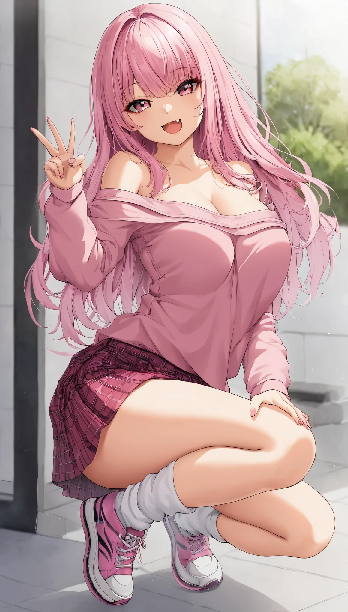 1girl, solo, long hair, breasts, looking at viewer, smile, open mouth, bangs, shirt, pink hair, fang, pink eyes, off shoulder, pink shirt, kilt skirt, sneakers, white long socks