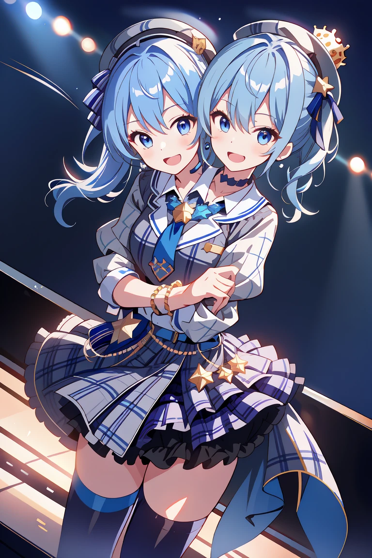 (masterpiece, best quality), best resolution, 16k, (2heads:1.5), dynamic angle, 1girl, HoshimachiSuisei, side ponytail, blue hair ribbon, SuiseiBase, plaid beret, crown, blue star choker, star earrings, blue ascot, plaid jacket, plaid skirt, layered skirt, partially fingerless gloves, star bracelet, uneven legwear, thigh strap, standing, cheek to cheek, (own hands together, own hands clasped), smile, open mouth, singing, look at viewer, happy, stable, concert stage, starfield, spotlight
