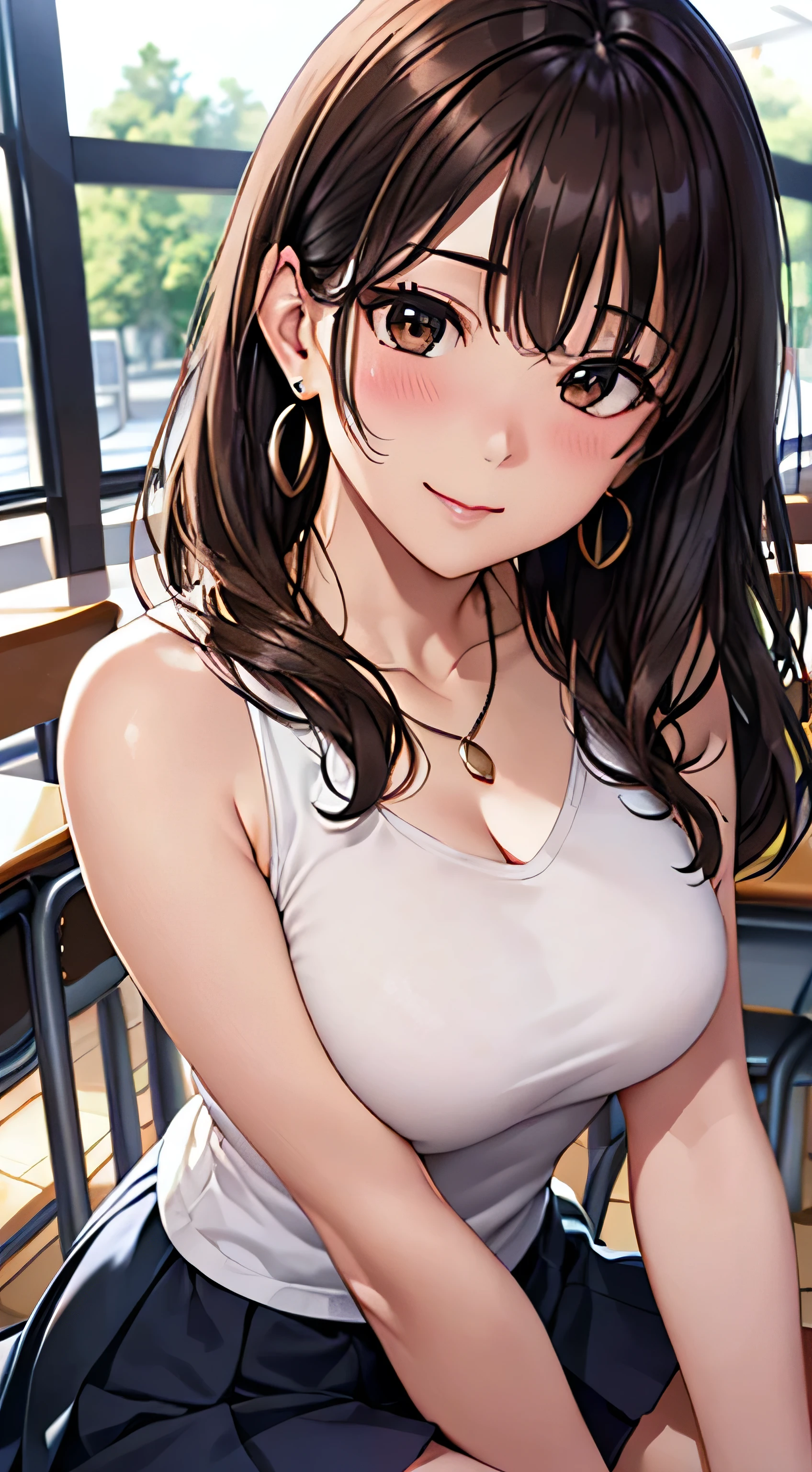 Anime girl sitting on a bench in a restaurant with a glass of wine ...