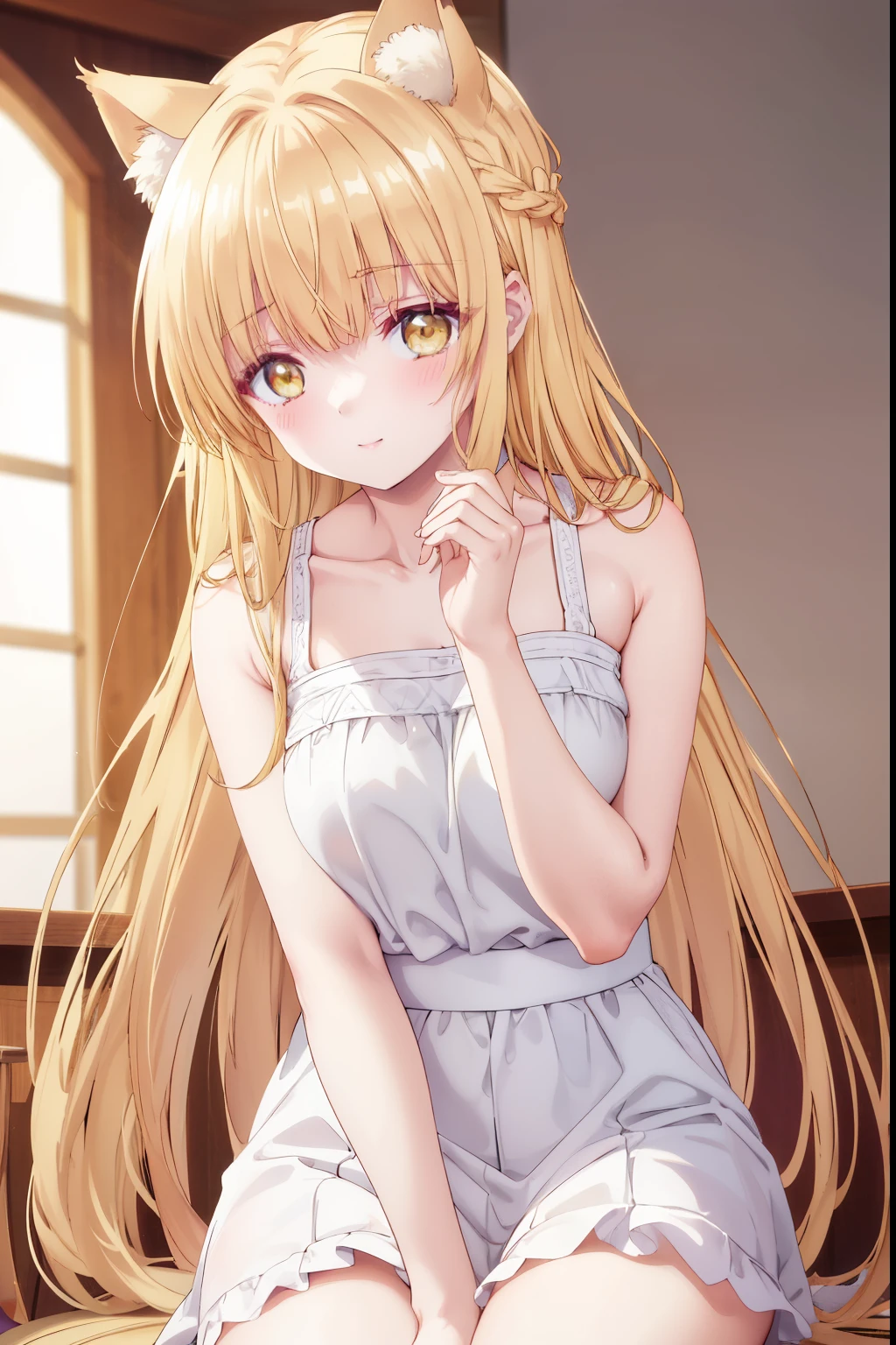 Mahiru shiina, , blonde, (Yellow Eyes:1.3)、Braided long hair,,blush,smile,Captivating thighs、Beautiful bare legs, Sideways armpit、Wearing cat ears、Cat's Tail、She's very clingy、Cat ears grow、Cat Pose、Seduction in bed、With a tail
(masterpiece:1.2), highest quality, High resolution, unity 8k wallpaper, (shape:0.8), (Beautiful and beautiful eyes:1.6), Highly detailed face, Perfect lighting, Extremely detailed CG, (Perfect hands, Perfect Anatomy),