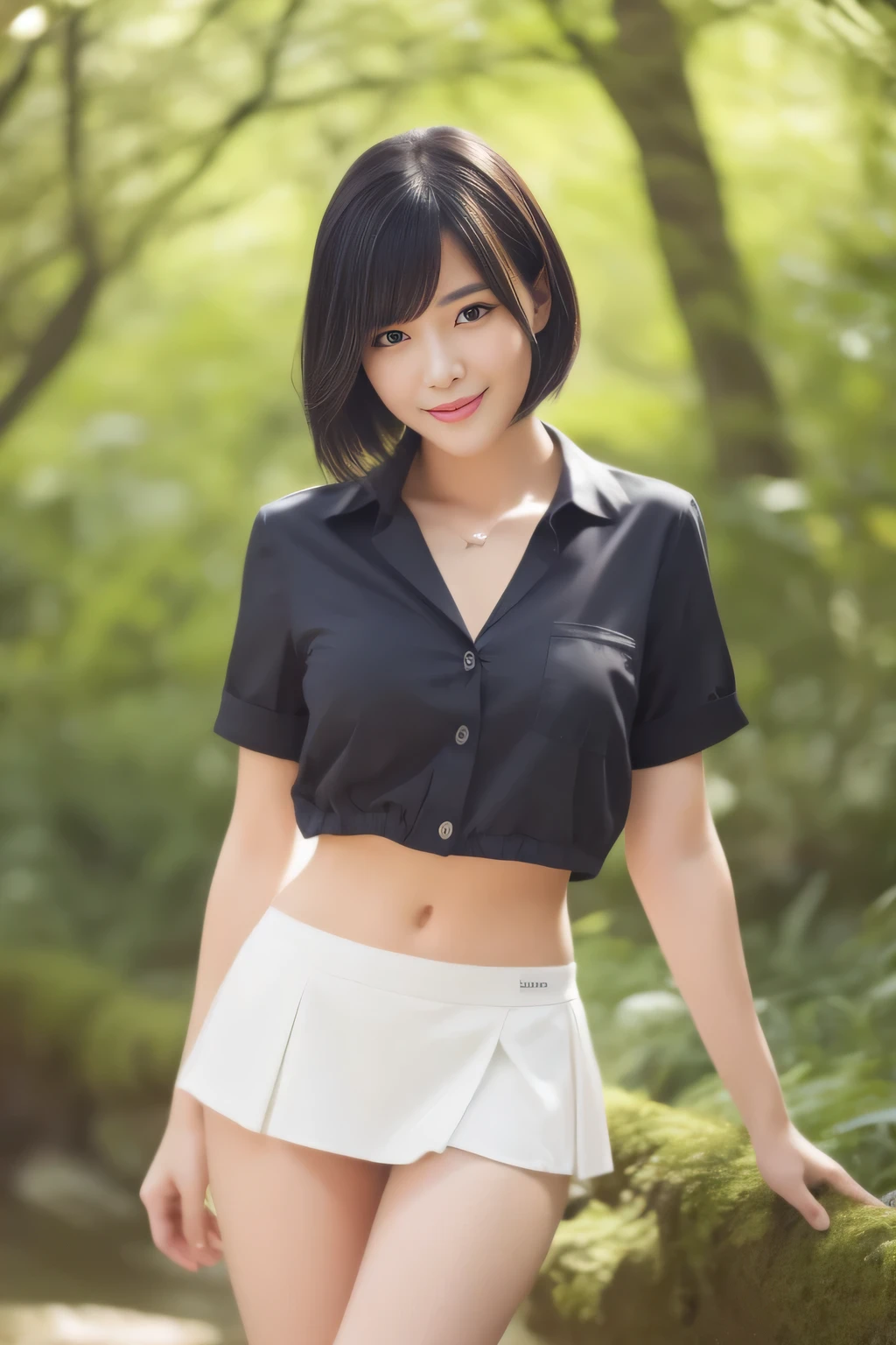 (Realistic:1.5,Dynamic pose:1.7、Healthy Body、Fine skin),21 years old,See-through,Sexy Poses,Perfect Anatomy,Beautiful body,Large Breasts、Plump body,Cute face,Beautiful Face,double eyelid,smile,Naughty look,short hair,Black Hair,iris,from the front,forest,Mysterious,high quality,Realistic,masterpiece,Very detailed,Japan,Beautiful woman,gravure,fashionable,Fashion Model,Final Fantasy、Charm panties:1.5、Collared shirt、Short skirt、sexy:1.10、((erotic))