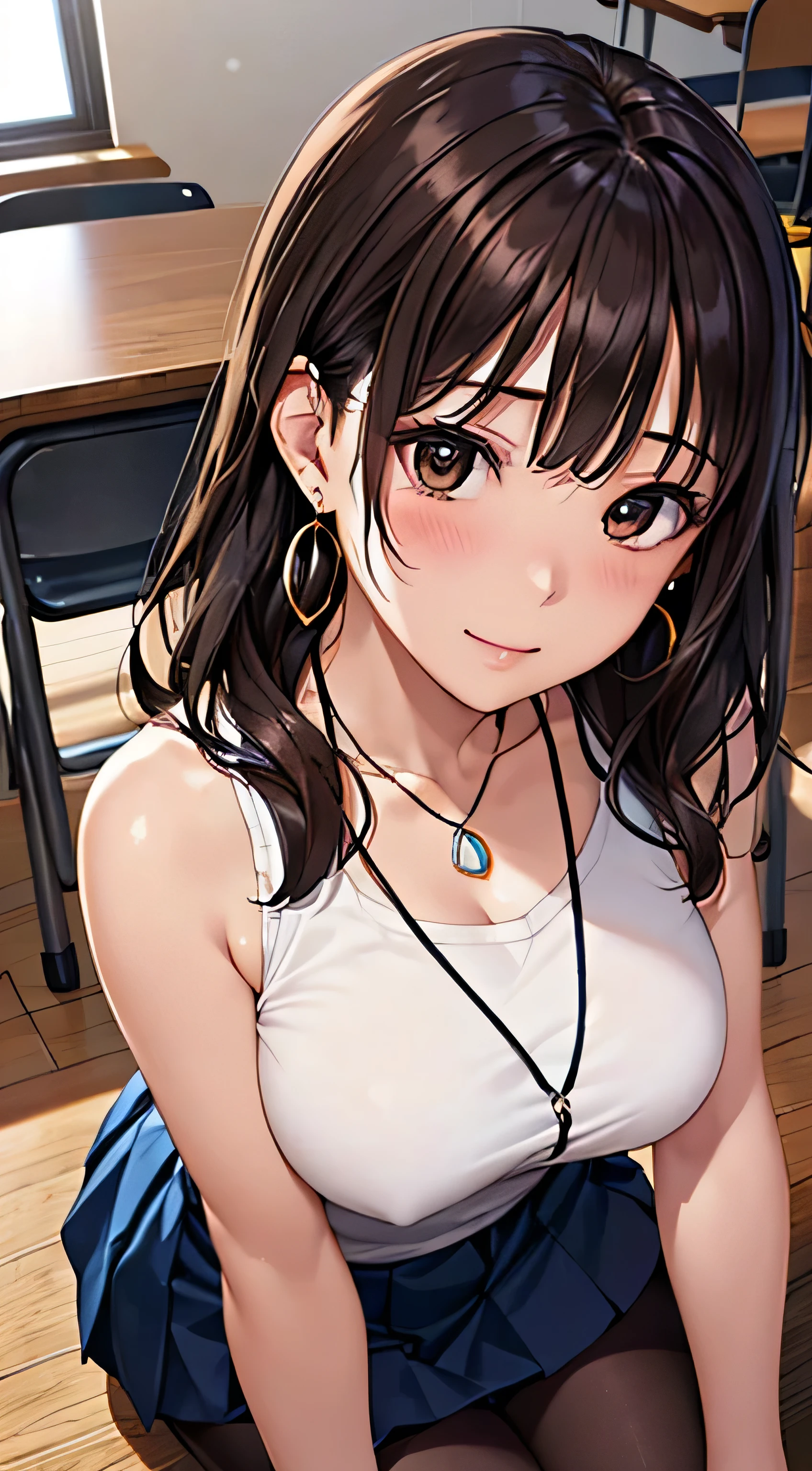 (Tabletop, highest quality, High resolution, , Perfect Pixel, 4K,), 1 girl, single, alone, Beautiful woman、I could see the whole body、 ((Wavy mid-length hair, bangs, Brown Hair)), ((Brown eyes, Beautiful eyelashes, Realistic eyes)), ((Detailed face, blush:1.2)), ((Smooth texture:0.75, Realistic texture:0.65, Realistic:1.1, Anime CG Style)), Medium Chest, Dynamic Angle, Perfect body, female teacher、((, White sleeveless top、Dark Blue Long Pleated Skirt、Black Stockings、Cute Necklace、Earrings、)), look up、A shy smile、Accentuate your breasts、Put your hands behind your back and stick out your chest、)、Angle from below、classroom、Sitting on the floor、、