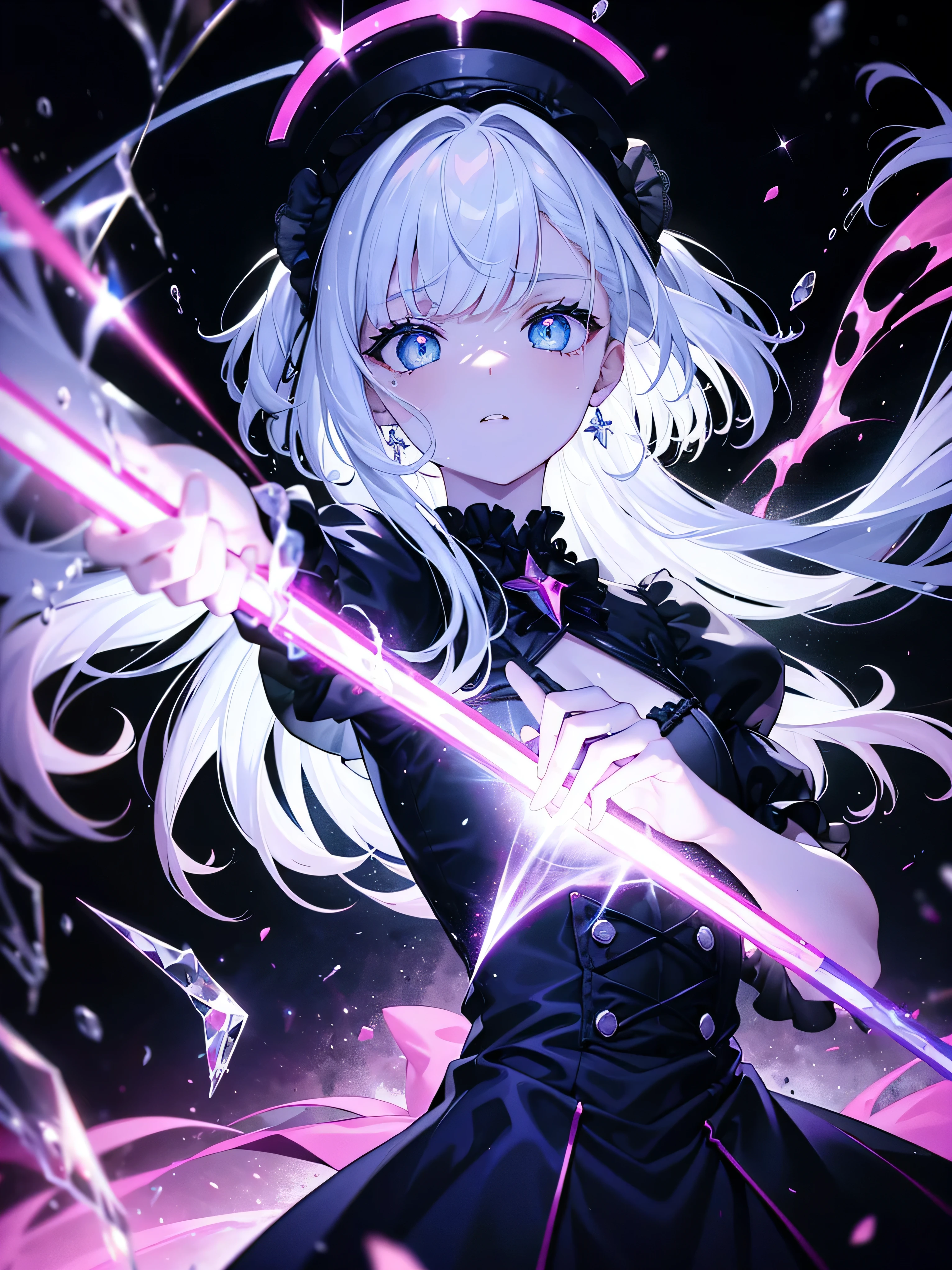 (mesa, melhor qualidade, ultra-high resolution),1 garota em,Babados rosa, Vestido com babados, gothic dress,Cauda dupla,bolsas sob os olhos, olhar azedo,Pale skin,rosto lindo e detalhado, olhos detalhados,(tema branco)，babado，segurando um gato preto，fita de arco，Transparency，fluorescent，olhos brilhantes，Pink Neon Tube