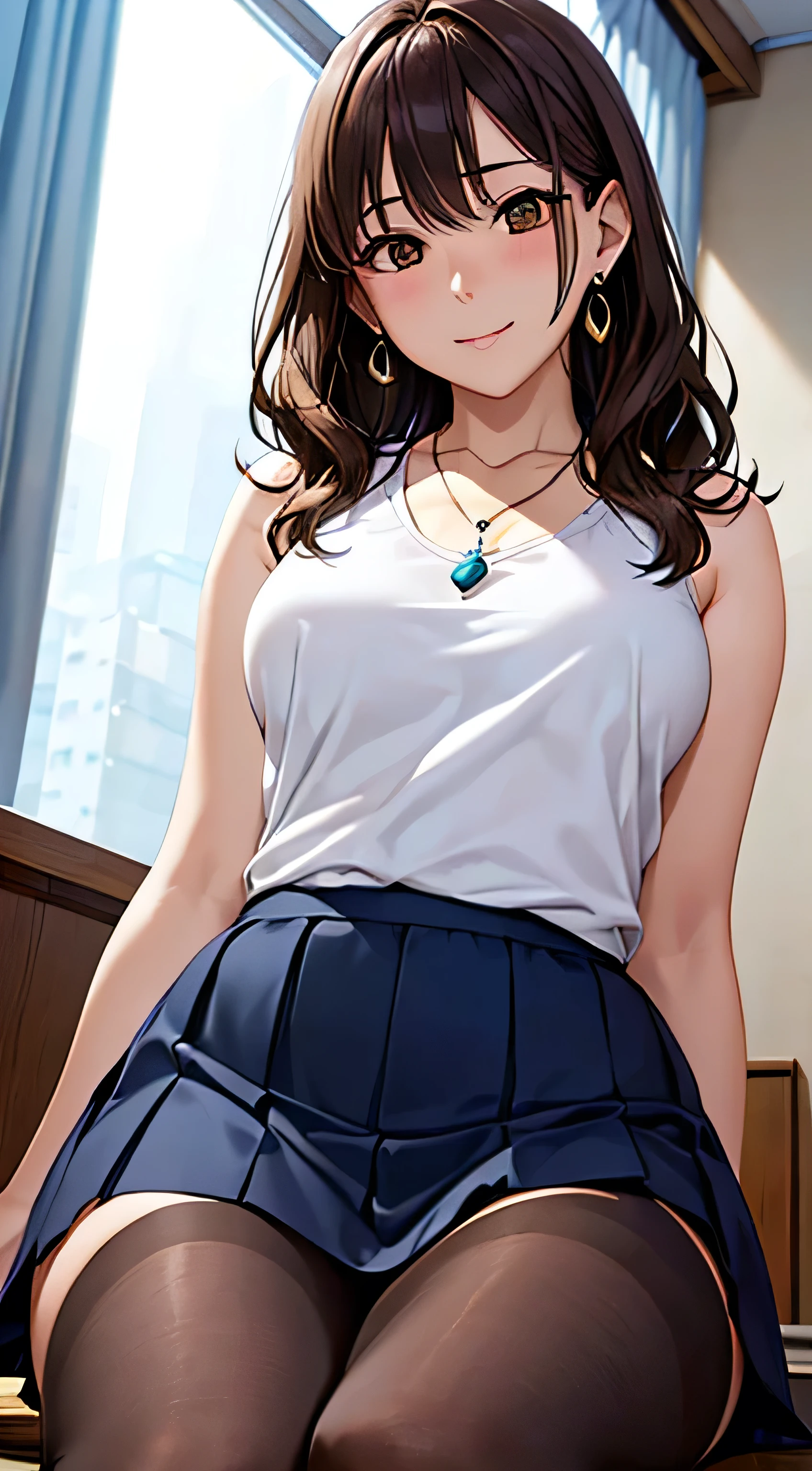 (Tabletop, highest quality, High resolution, , Perfect Pixel, 4K,), 1 girl, single, alone, Beautiful woman、I could see the whole body、 ((Wavy mid-length hair, bangs, Brown Hair)), ((Brown eyes, Beautiful eyelashes, Realistic eyes)), ((Detailed face, blush:1.2)), ((Smooth texture:0.75, Realistic texture:0.65, Realistic:1.1, Anime CG Style)), Medium Chest, Dynamic Angle, Perfect body, female teacher、((, White sleeveless top、Dark Blue Long Pleated Skirt、Black Stockings、Cute Necklace、Earrings、)), look up、A shy smile、Accentuate your breasts、Put your hands behind your back and stick out your chest、)、Angle from below、classroom、Sitting on the floor、、