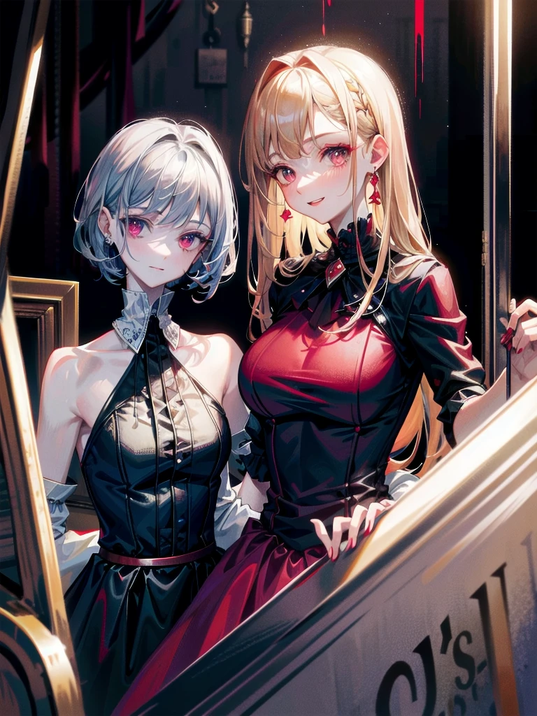 whole body, Gothic red dress, vampire, (in castle), creepy smile, absurdres, RAW photo, extremely delicate and beautiful, masterpiece, Best Quality, ultra high resolution, 32k, hyperrealistic, ultra-detailed, detailed description, pale skin, 20 years old, detailed beautiful face and eyes, tearful mole, earring, Colossal tits, short medium hair, wavy hair,