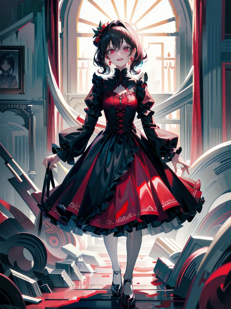 whole body, Gothic red dress, vampire, (in castle), creepy smile, absurdres, RAW photo, extremely delicate and beautiful, masterpiece, Best Quality, ultra high resolution, 32k, hyperrealistic, ultra-detailed, detailed description, pale skin, 20 years old, detailed beautiful face and eyes, tearful mole, earring, Colossal tits, short medium hair, wavy hair,　