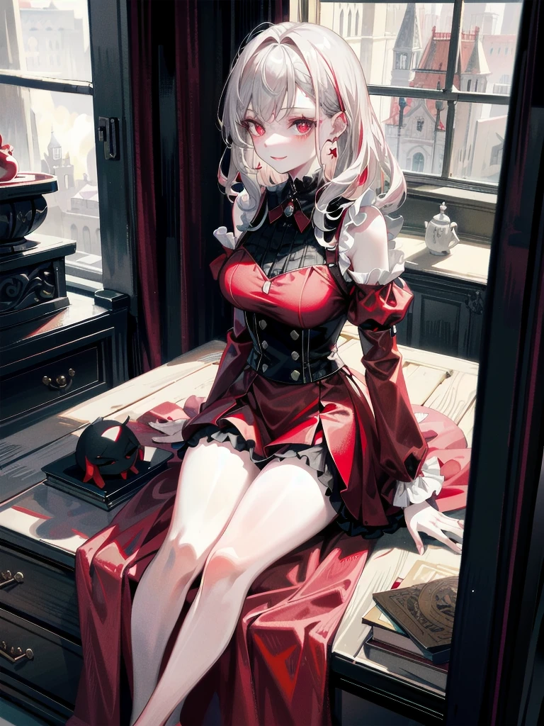 whole body, Gothic red dress, vampire, (in castle), creepy smile, absurdres, RAW photo, extremely delicate and beautiful, masterpiece, Best Quality, ultra high resolution, 32k, hyperrealistic, ultra-detailed, detailed description, pale skin, 20 years old, detailed beautiful face and eyes, tearful mole, earring, Colossal tits, short medium hair, wavy hair,