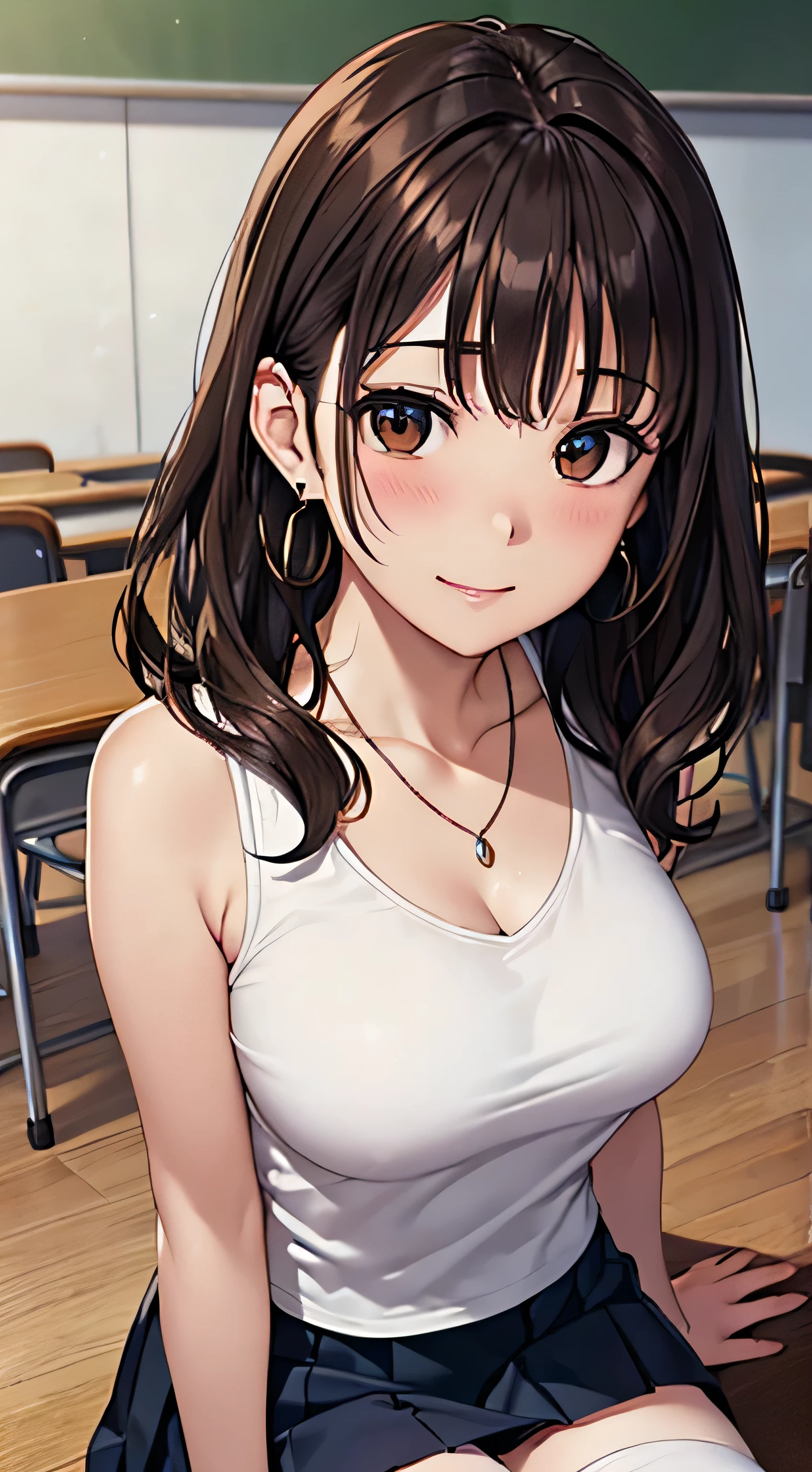 (Tabletop, highest quality, High resolution, , Perfect Pixel, 4K,), 1 girl, single, alone, Beautiful woman、I could see the whole body、 ((Wavy mid-length hair, bangs, Brown Hair)), ((Brown eyes, Beautiful eyelashes, Realistic eyes)), ((Detailed face, blush:1.2)), ((Smooth texture:0.75, Realistic texture:0.65, Realistic:1.1, Anime CG Style)), Medium Chest, Dynamic Angle, Perfect body, female teacher、((, White sleeveless top、Dark Blue Long Pleated Skirt、Black Stockings、Cute Necklace、Earrings、)), look up、A shy smile、Accentuate your breasts、Put your hands behind your back and stick out your chest、)、Angle from below、classroom、Sitting on the floor、、