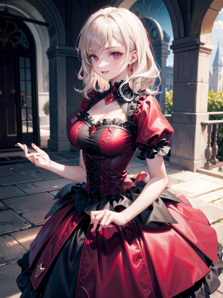 whole body, Gothic red dress, vampire, (in castle), creepy smile, absurdres, RAW photo, extremely delicate and beautiful, masterpiece, Best Quality, ultra high resolution, 32k, hyperrealistic, ultra-detailed, detailed description, pale skin, 20 years old, detailed beautiful face and eyes, tearful mole, earring, Colossal tits, short medium hair, wavy hair,
