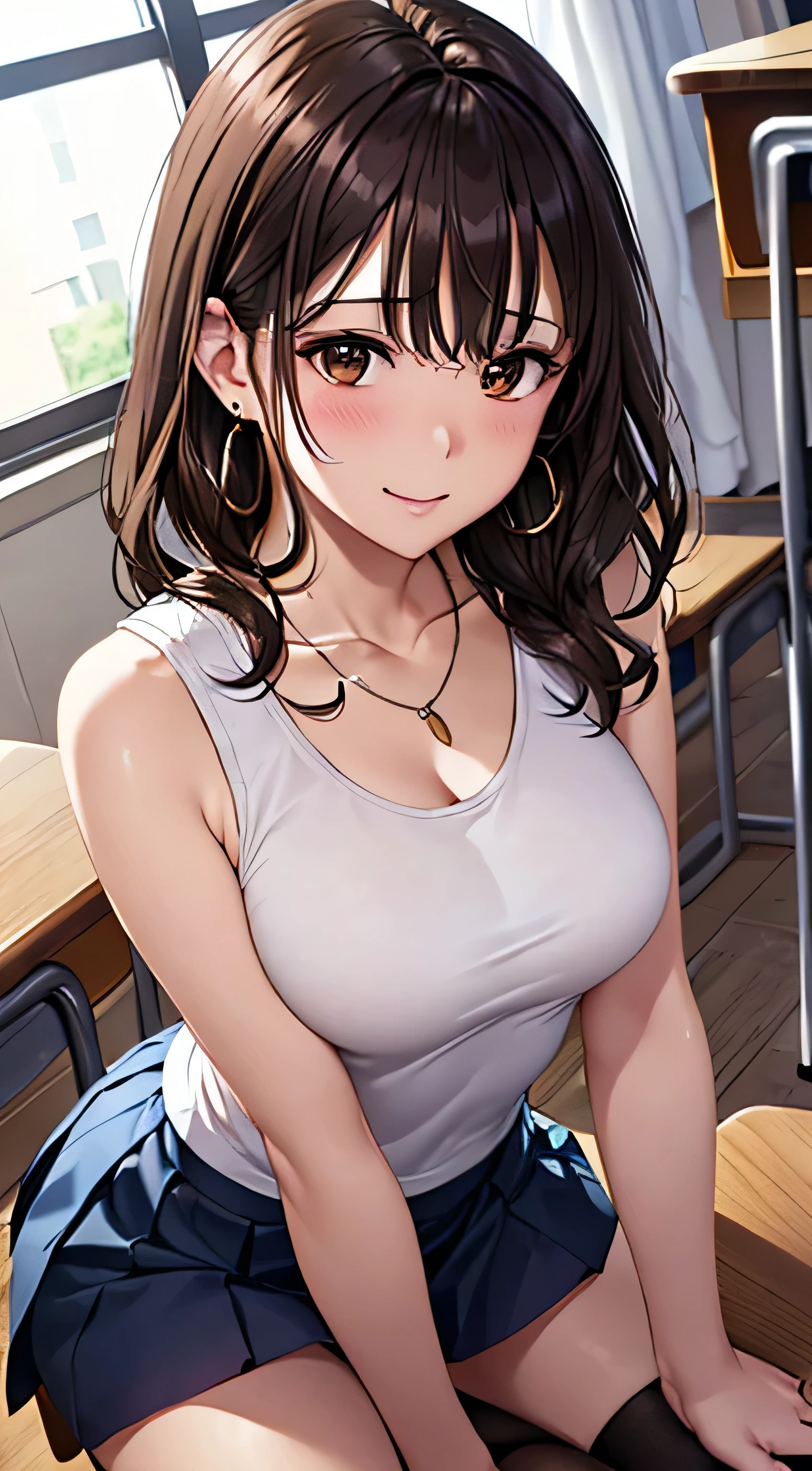 (Tabletop, highest quality, High resolution, , Perfect Pixel, 4K,), 1 girl, single, alone, Beautiful woman、I could see the whole body、 ((Wavy mid-length hair, bangs, Brown Hair)), ((Brown eyes, Beautiful eyelashes, Realistic eyes)), ((Detailed face, blush:1.2)), ((Smooth texture:0.75, Realistic texture:0.65, Realistic:1.1, Anime CG Style)), Medium Chest, Dynamic Angle, Perfect body, female teacher、((, White sleeveless top、Dark Blue Long Pleated Skirt、Black Stockings、Cute Necklace、Earrings、)), look up、A shy smile、Accentuate your 、Put your hands behind your back and stick out your chest、)、Angle from below、classroom、Sitting on the floor、、