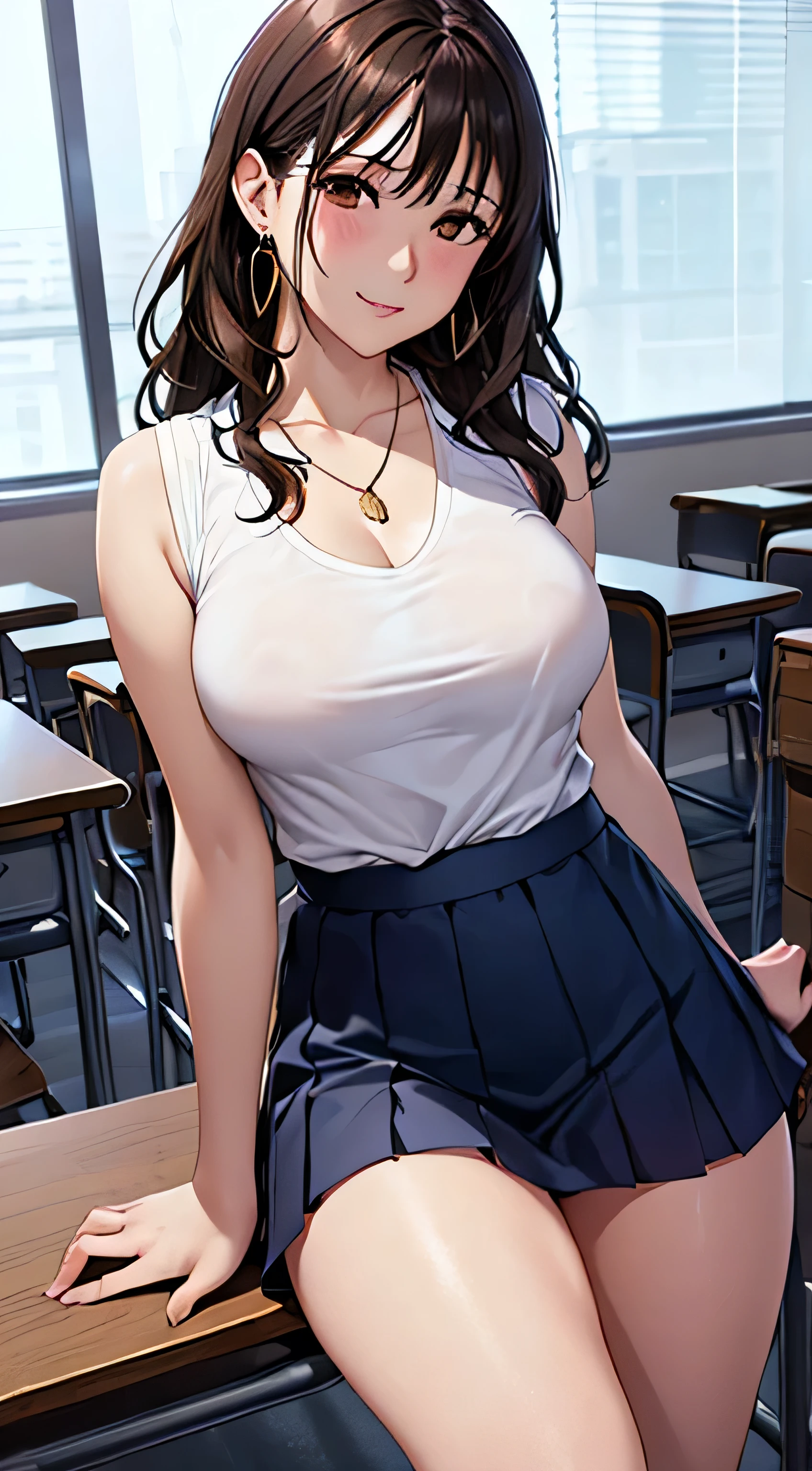 (Tabletop, highest quality, High resolution, , Perfect Pixel, 4K,), 1 girl, single, alone, Beautiful woman、I could see the whole body、 ((Wavy mid-length hair, bangs, Brown Hair)), ((Brown eyes, Beautiful eyelashes, Realistic eyes)), ((Detailed face, blush:1.2)), ((Smooth texture:0.75, Realistic texture:0.65, Realistic:1.1, Anime CG Style)), Medium Chest, Dynamic Angle, Perfect body, female teacher、((, White sleeveless top、Dark Blue Long Pleated Skirt、Black Stockings、Cute Necklace、Earrings、)), look up、A shy smile、Accentuate your breasts、Put your hands behind your back and stick out your chest、Puffy nipples)、Angle from below、classroom、Sitting on the floor、、