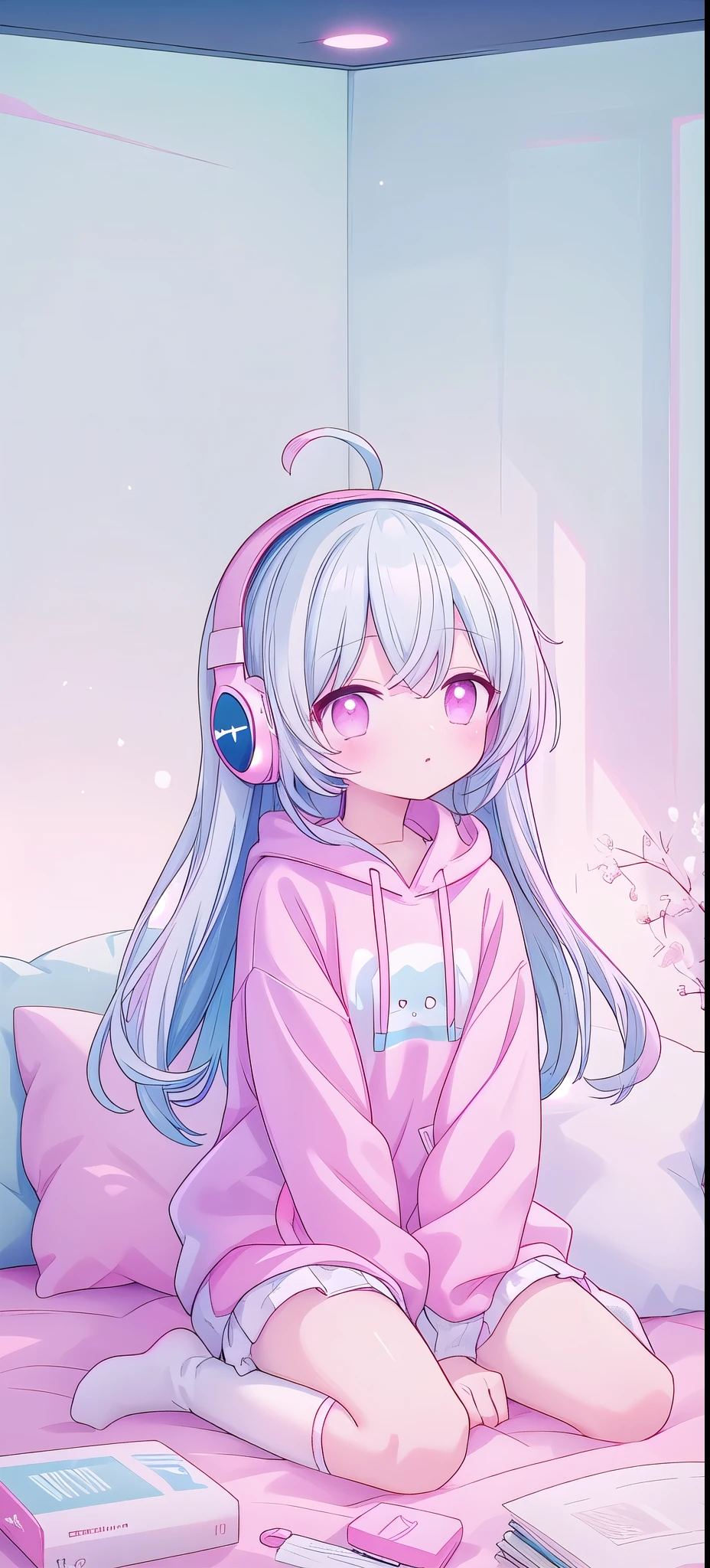 ，White knee socks，Long light blue hair，Pink and white sweatshirt，Pink Eyes，blue headphones