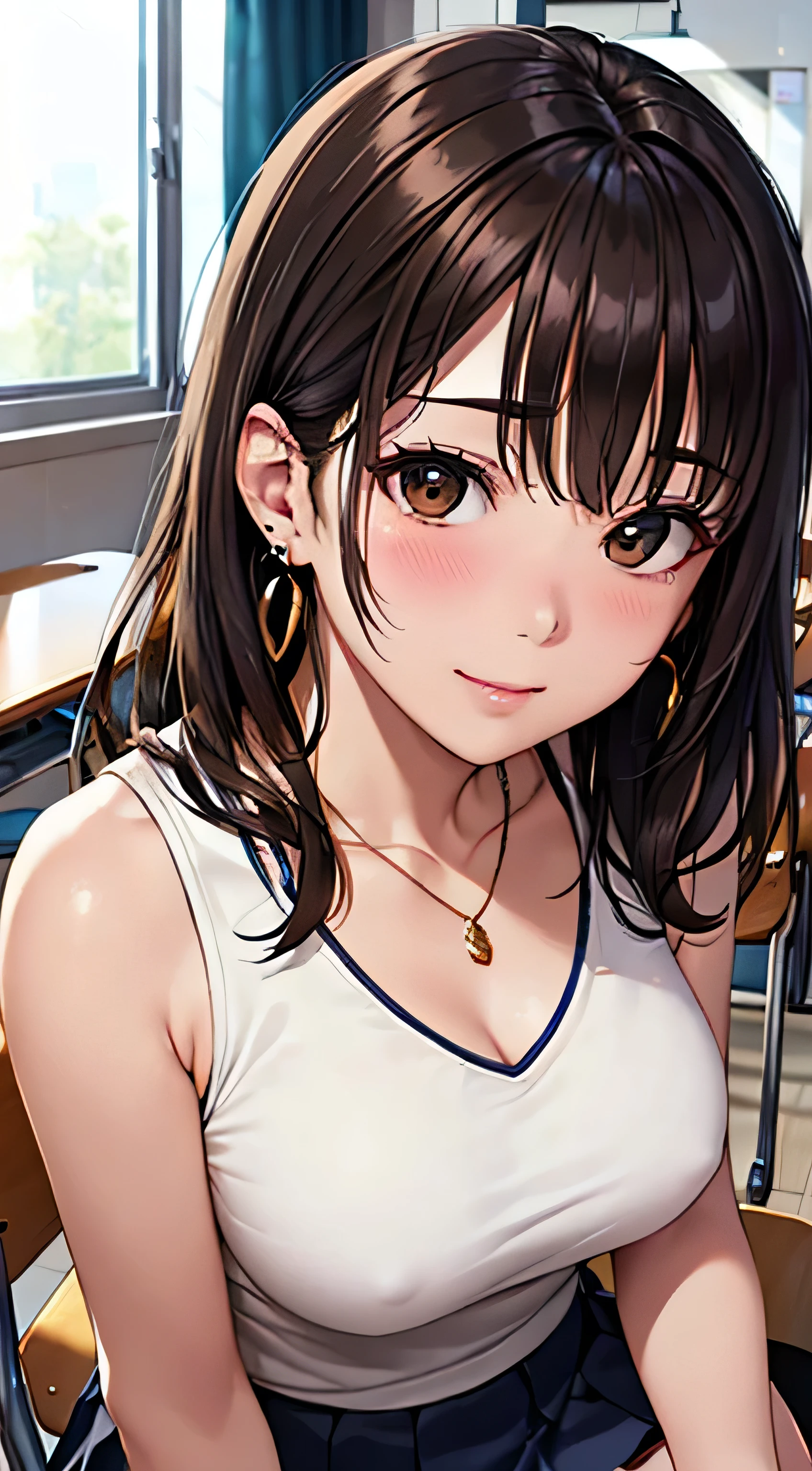 (Tabletop, highest quality, High resolution, , Perfect Pixel, 4K,), 1 girl, single, alone, Beautiful woman、I could see the whole body、 ((Wavy mid-length hair, bangs, Brown Hair)), ((Brown eyes, Beautiful eyelashes, Realistic eyes)), ((Detailed face, blush:1.2)), ((Smooth texture:0.75, Realistic texture:0.65, Realistic:1.1, Anime CG Style)), Medium Chest, Dynamic Angle, Perfect body, female teacher、((, White sleeveless top、Dark Blue Long Pleated Skirt、Black Stockings、Cute Necklace、Earrings、)), look up、A shy smile、Accentuate your breasts、Put your hands behind your back and stick out your chest、)、Angle from below、classroom、Sitting on the floor、、