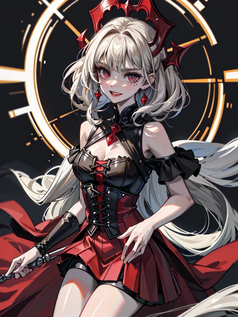 whole body, Gothic red dress, vampire, (in castle), creepy smile, absurdres, RAW photo, extremely delicate and beautiful, masterpiece, Best Quality, ultra high resolution, 32k, hyperrealistic, ultra-detailed, detailed description, pale skin, 20 years old, detailed beautiful face and eyes, tearful mole, earring, Colossal tits, short medium hair, wavy hair,　