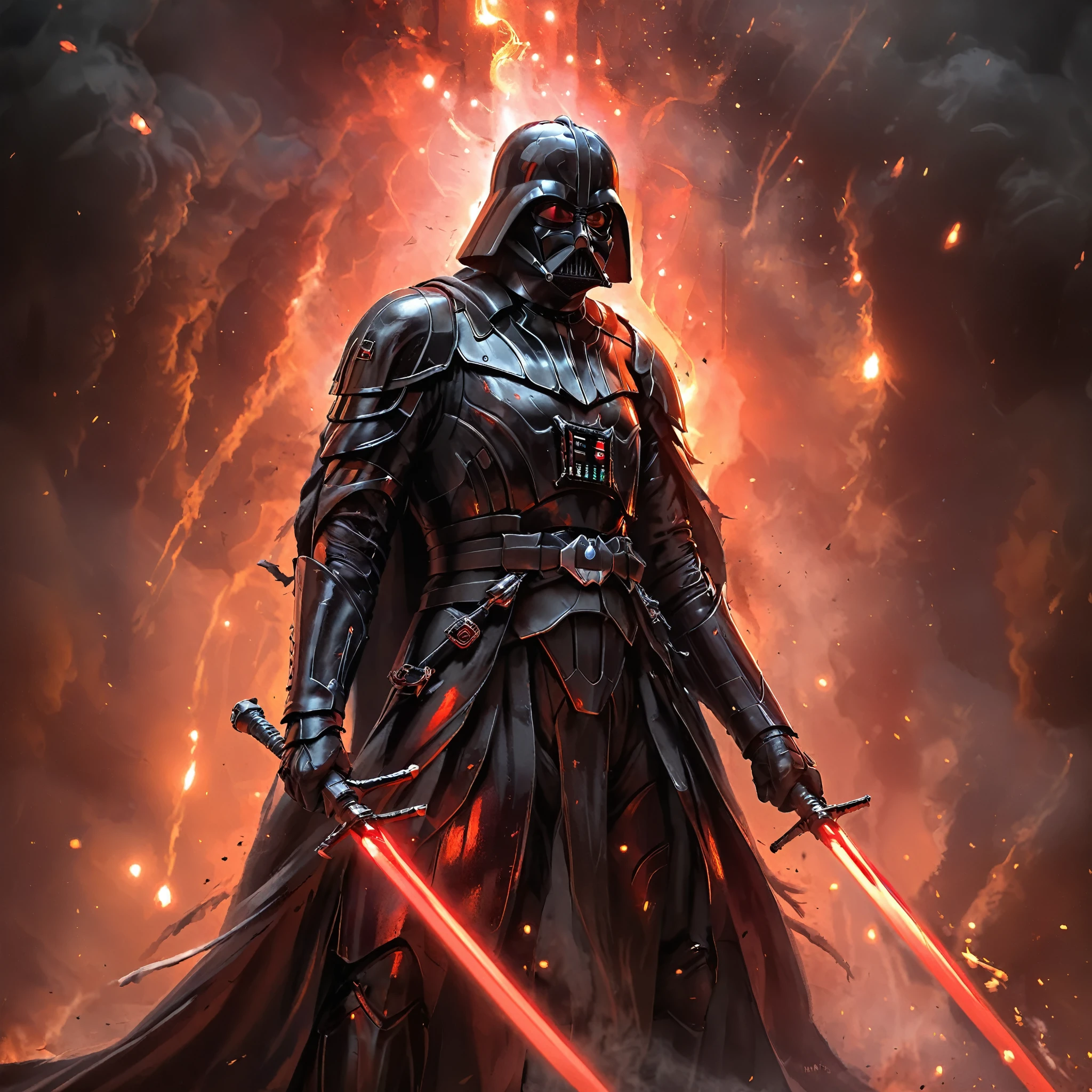 Very dark photo of Darth Vader wielding double swords. . Aura de humo rojo