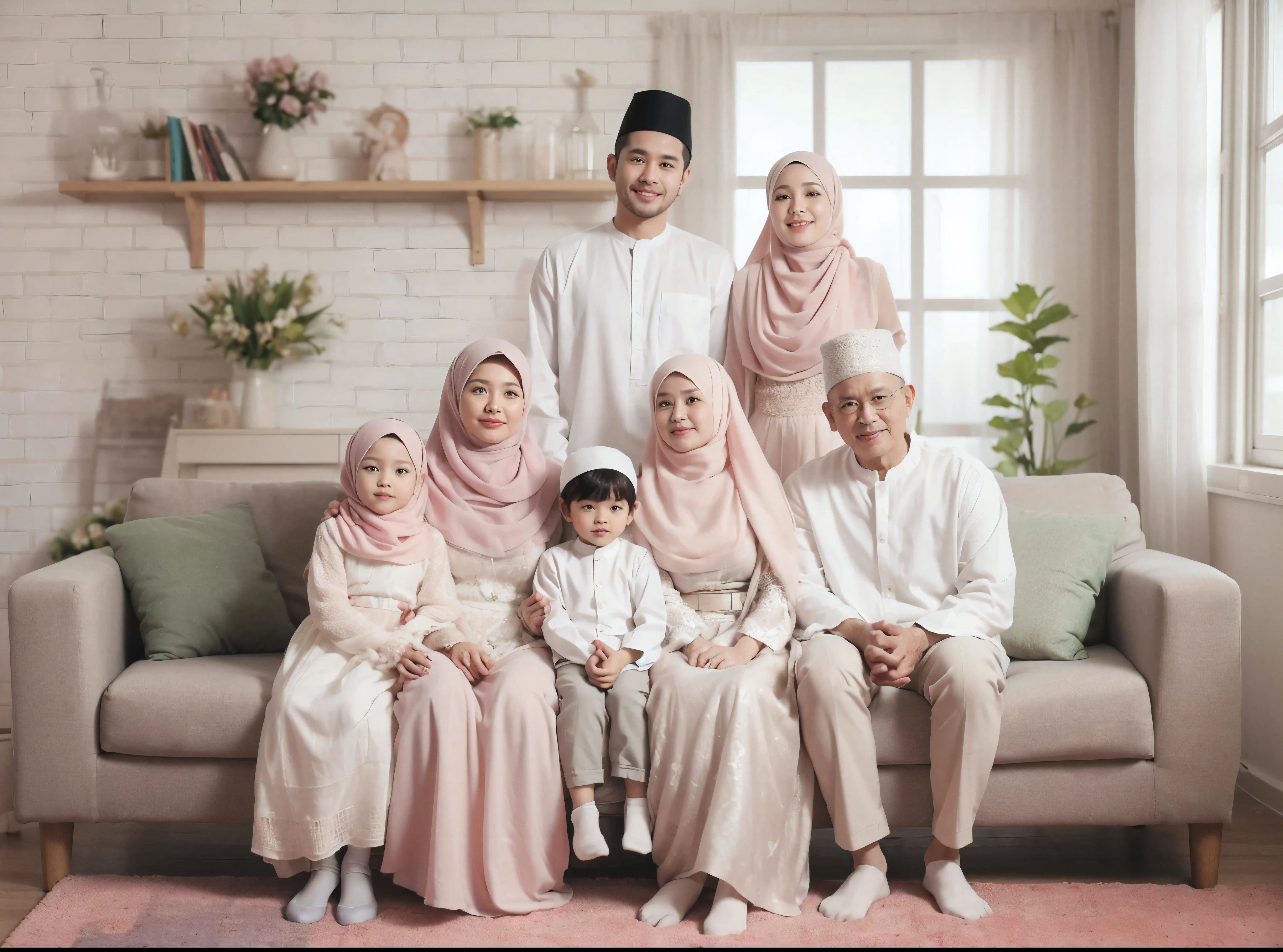 Family photo from Indonesia, seven members, one 70-year-old grandmother sitting on the sofa with one 7-year-old daughter and one 3-year-old son, two men and two women standing behind the sofa, all wearing coordinated white Muslim attire and matching sharia long dresses (soft pink hijab), realistic photo, ultra HD, simple living room background, green flower vase decoration, daylight, UHD, 32k, detailed.