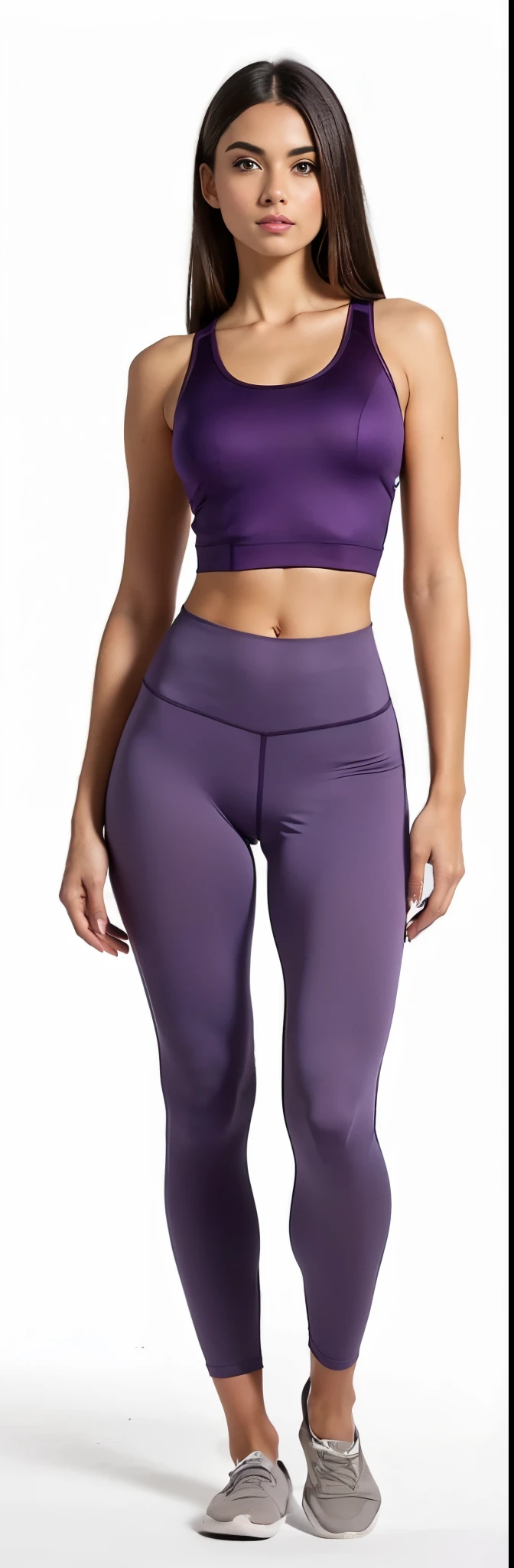 a woman in purple sports bra top and perneiras, two piece workout clothes, perneiras, forma tonificada, perneiras, purple bridges with perneiras, cintura fina e quadris grossos, cottagecore!! corpo fitness, roupas esportivas, smooth body features, figura de ampulheta, figura esbelta de ampulheta, forma perfeita, roupas roxas, vestindo roupas simples e justas, roxo escuro, pantyhose
