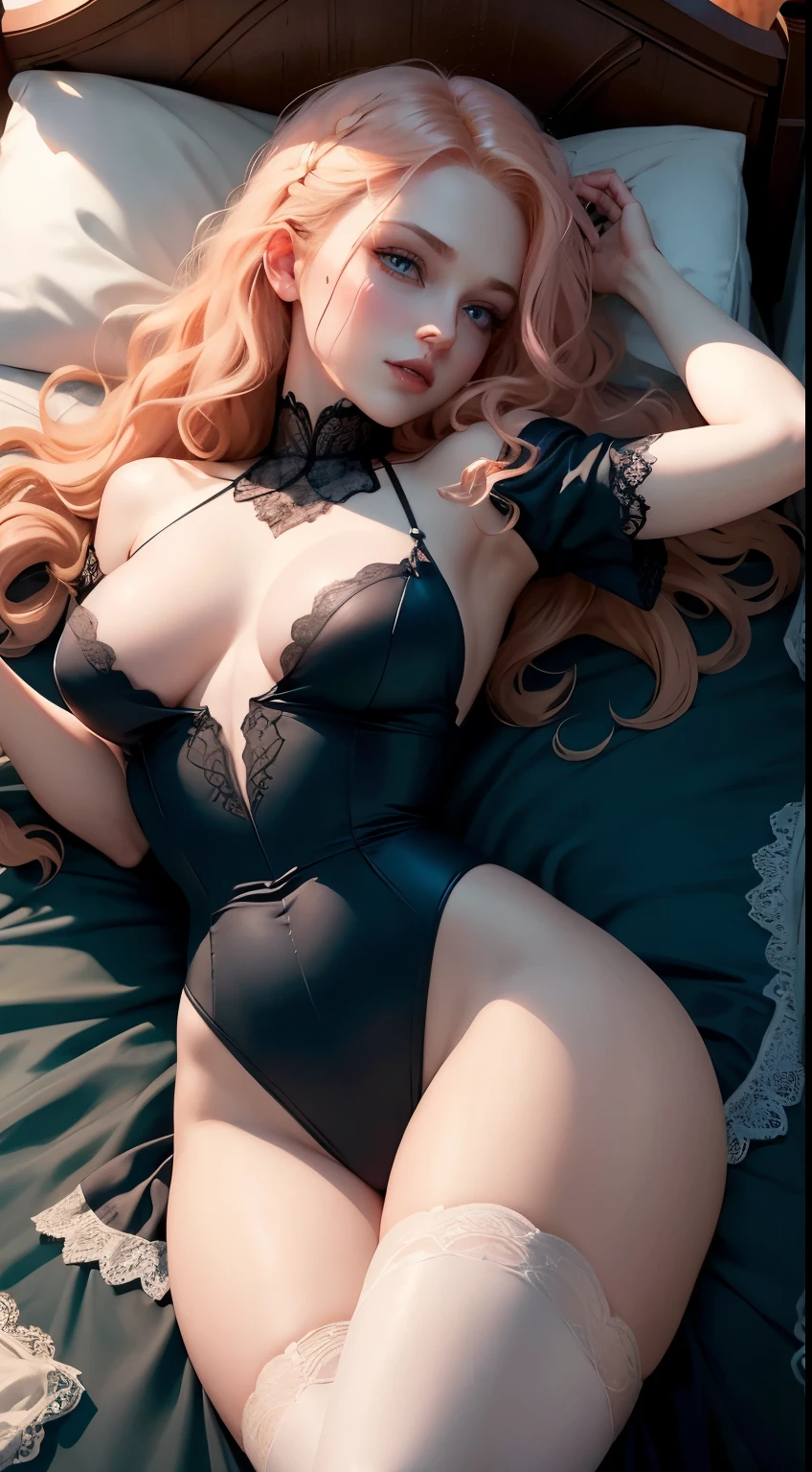 Pale vampire lying in bed, Pale skin, Sparkling blue eyes, Wavy Peach Hair, Lace suspender skirt, attitude,Show your shoulders,Flat breasts,fantasy, Film Grain, Ultra HD, Motion Blur,Ray Tracing,masterpiece, Anatomically correct, Super Detail, best quality, Top view,Overhead shot