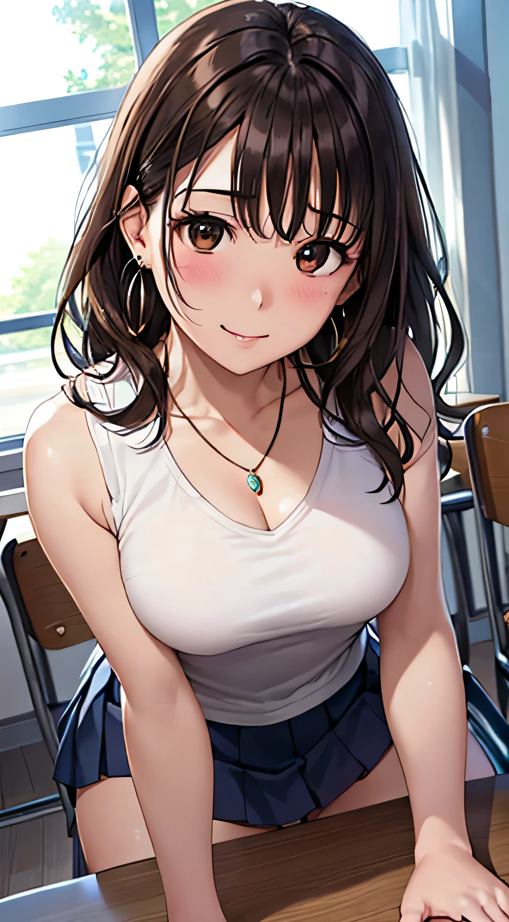 (Tabletop, highest quality, High resolution, , Perfect Pixel, 4K,), 1 girl, single, alone, Beautiful woman、I could see the whole body、 ((Wavy mid-length hair, bangs, Brown Hair)), ((Brown eyes, Beautiful eyelashes, Realistic eyes)), ((Detailed face, blush:1.2)), ((Smooth texture:0.75, Realistic texture:0.65, Realistic:1.1, Anime CG Style)), Medium Chest, Dynamic Angle, Perfect body, female teacher、((, White sleeveless top、Dark Blue Long Pleated Skirt、Black Stockings、Cute Necklace、Earrings、)), look up、A shy smile、Accentuate your breasts、Put your hands behind your back and stick out your chest、)、Angle from below、classroom、Sitting on the floor、、