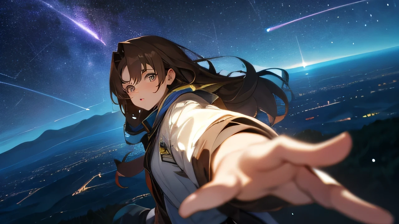 night，Starry Sky，Meteor Showers，Mountaintop Observatory，First-person perspective，The protagonist extends his right hand，A girl with long brown hair，The two fingers interlocked，Girl&#39;s shy expression