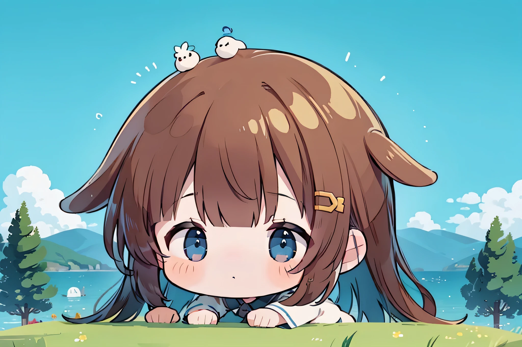 masterpiece,best quality,absurd,An anime, Sitting on the mountain looking up at the sky,Red Cliff,on a sunny day,Her hair is flying,with birds,(Blue sky:1.25),A sidelong glance,Young Girls,cloud,the boundless sea,noon,summer,Flowing hair,cumulus clouds,forest,Tree,Face focus,Lovely, Brown hair, blue eyes