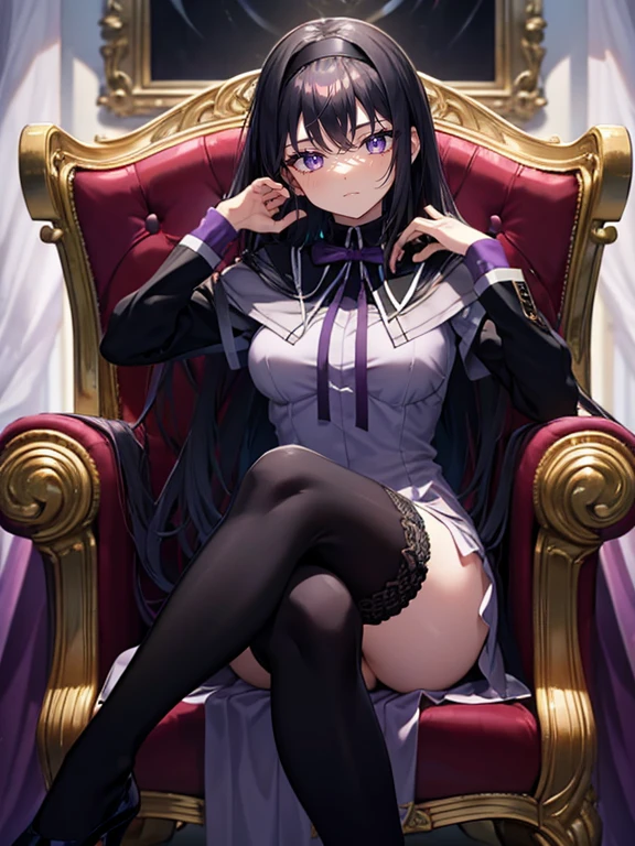 (masterpiece,best quality,ultra-detailed) beautiful and detailed face, detailed eyes, looking at viewer, full body, sitting in royal purple armchair, legs crossed, akemi homura, v dark purple silk dress, round medium breasts, black lace arm length gloves, black lace thigh highs, black heels, amethyst and silver cuff bracelet, silver and amethyst necklace, smirking, black hair, black headband, purple eyes