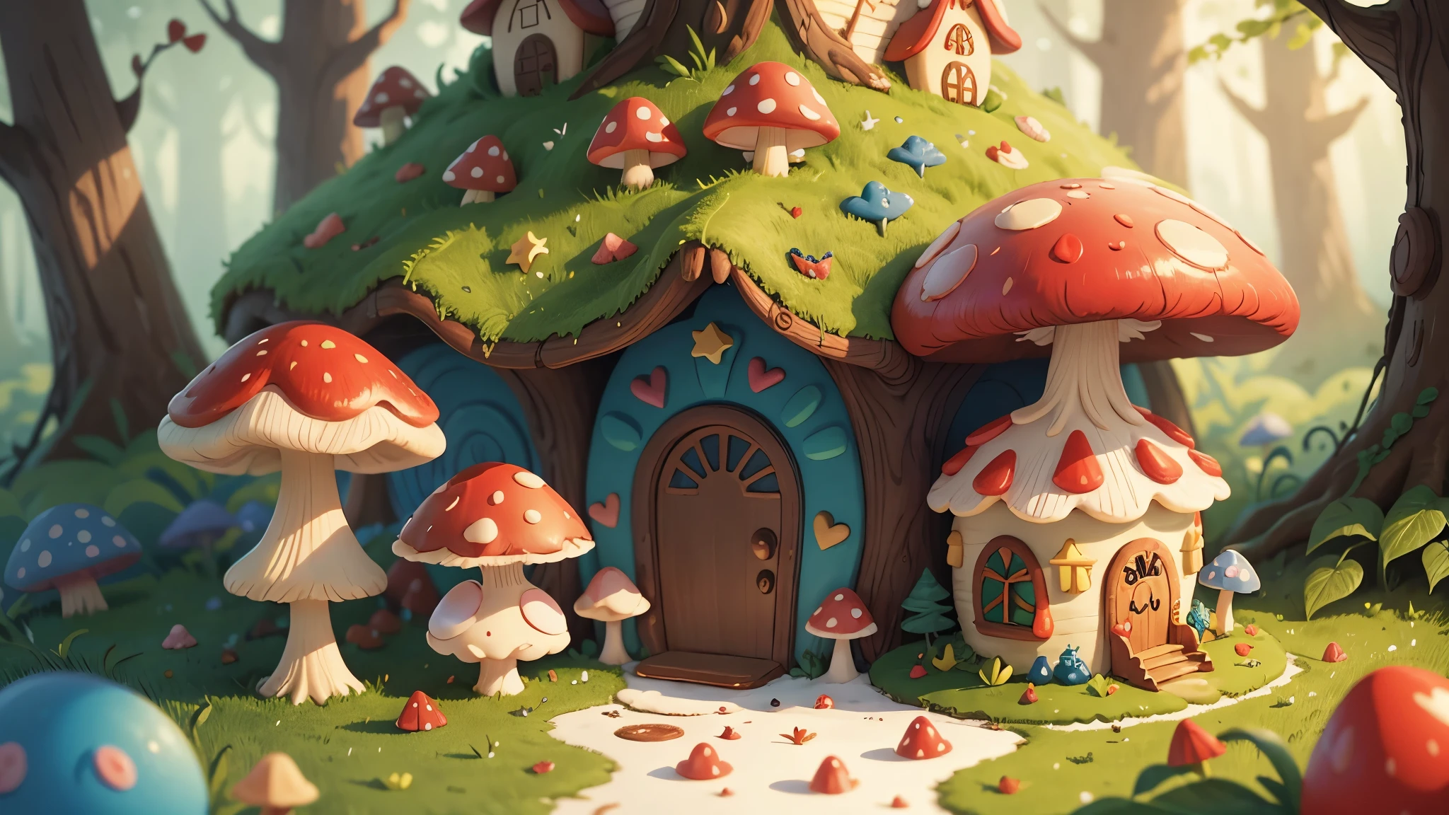 mushroom forest,Brooch, ceramic, Fairytale gingerbread house with strawberries cream jelly beans, stars, hearts, more detailed, KATHY RUTTENBERG, Michael Deforge, whimsical, pop surrealism