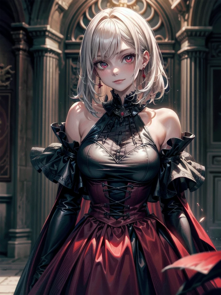 whole body, Gothic red dress, vampire, (in castle), creepy smile, absurdres, RAW photo, extremely delicate and beautiful, masterpiece, Best Quality, ultra high resolution, 32k, hyperrealistic, ultra-detailed, detailed description, pale skin, 20 years old, detailed beautiful face and eyes, tearful mole, earring, Colossal ????, short medium hair, wavy hair,　