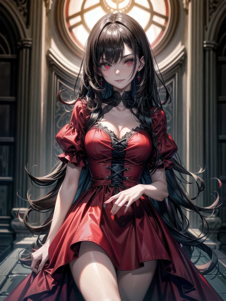 vampire woman, Victorian dress, absurdres, RAW photo, extremely delicate and beautiful, masterpiece, Best Quality, ultra high resolution, 32k, hyperrealistic, ultra-detailed, detailed description, pale skin, 20 years old, tearful mole, earring, short medium hair, wavy hair, full body shot,