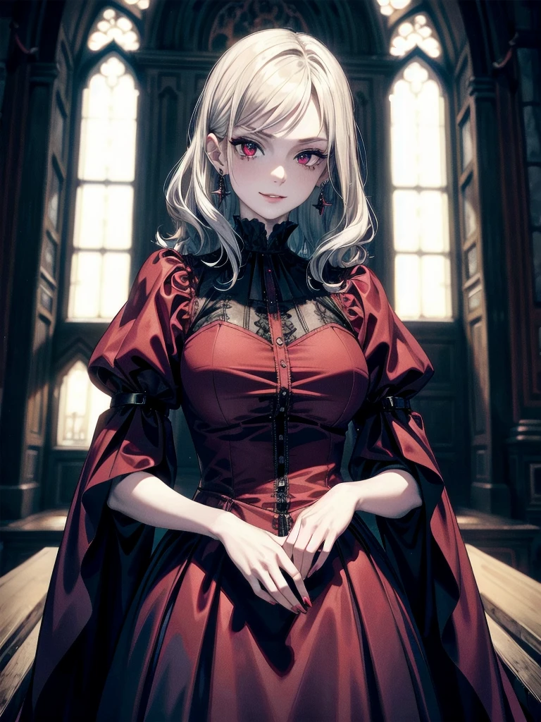 whole body, Gothic red dress, vampire, (in castle), creepy smile, absurdres, RAW photo, extremely delicate and beautiful, masterpiece, Best Quality, ultra high resolution, 32k, hyperrealistic, ultra-detailed, detailed description, pale skin, 20 years old, detailed beautiful face and eyes, tearful mole, earring, Colossal tits, short medium hair, wavy hair,
