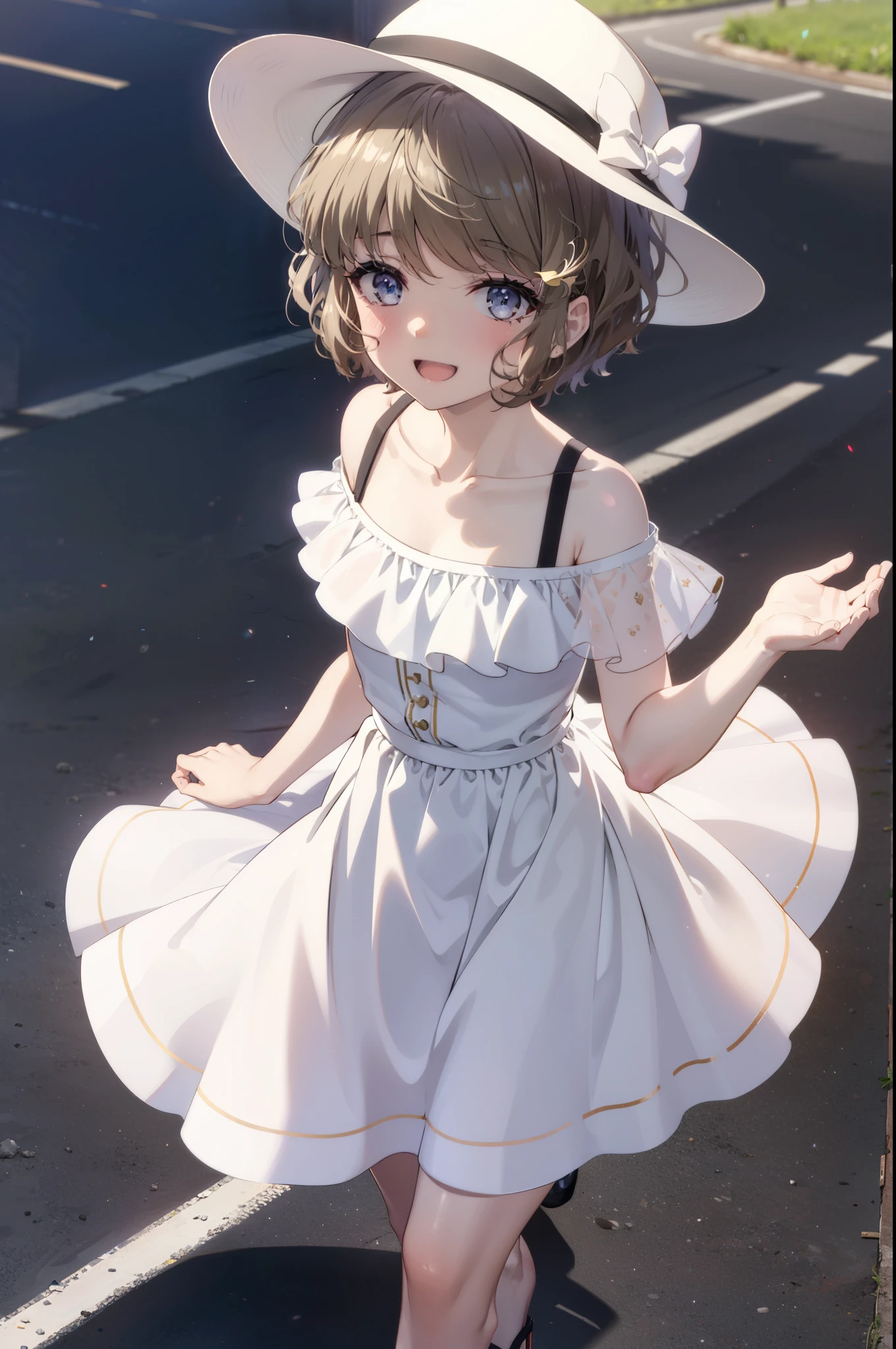tomoekoga, Chie Koga, short hair, Brown Hair, blue eyes, happy smile, smile, Open your mouth,White hat,Off-the-shoulder dress,bare clavicle,Bare shoulders,Bare neck,Long skirt,Cute heeled sandals,Real Summer,Daytime,sunny,whole bodyがイラストに入るように,crowd, people々々々
break outdoors, city,Coastal Road,
break looking at viewer, whole body, 
break (masterpiece:1.2), highest quality, High resolution, unity 8k wallpaper, (shape:0.8), (Beautiful details:1.6), Highly detailed face, Perfect lighting, Extremely detailed CG, (Perfect hands, Perfect Anatomy),