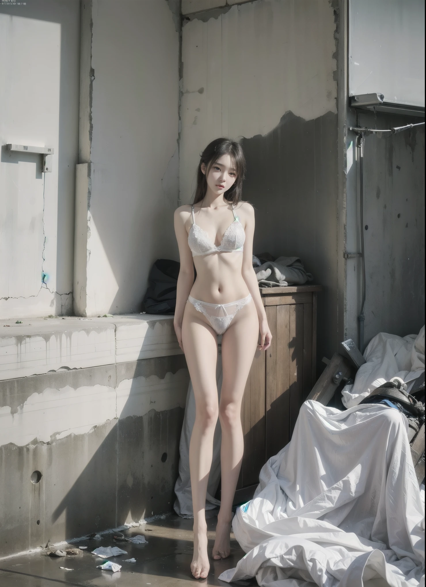 masterpiece,Photo-realistic,Abandoned school,In a room full of garbage,Dirty 1.5,Very beautiful 25 year old Korean girl,White transparent sexy lingerie exposed ,White transparent retreat to the crotch,Leaky,very beautiful long slim legs,barefoot,Random whole body exposure