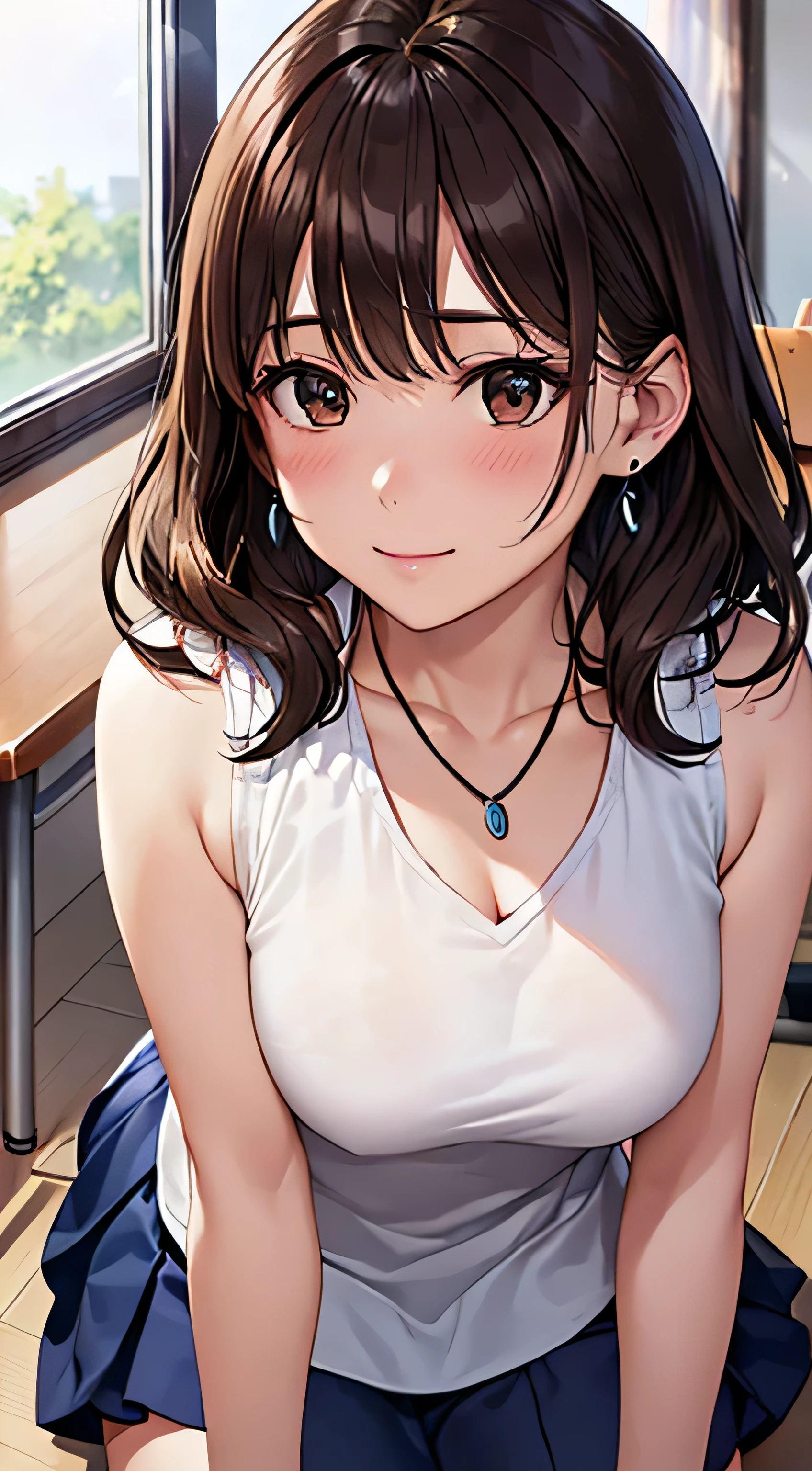 (Tabletop, highest quality, High resolution, , Perfect Pixel, 4K,), 1 girl, single, alone, Beautiful woman、I could see the whole body、 ((Wavy mid-length hair, bangs, Brown Hair)), ((Brown eyes, Beautiful eyelashes, Realistic eyes)), ((Detailed face, blush:1.2)), ((Smooth texture:0.75, Realistic texture:0.65, Realistic:1.1, Anime CG Style)), Medium Chest, Dynamic Angle, Perfect body, female teacher、((, White sleeveless top、Dark Blue Long Pleated Skirt、Black Stockings、Cute Necklace、Earrings、)), look up、A shy smile、Accentuate your breasts、Put your hands behind your back and stick out your chest、)、Angle from below、classroom、Sitting on the floor、、