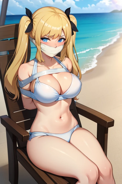 1 girl, blue detailed eyes, Long blonde hair, twintails with white bows, body long hair, hochgesteckte Haare, improvisierter Knebel, Klebebandknebel, GEKNEBELT, Klebeband, festgebunden, Arms behind the back, e Arme, white bikini, blushing, Tape gag, sitting, beach in the background, big , sitting on a beach chair